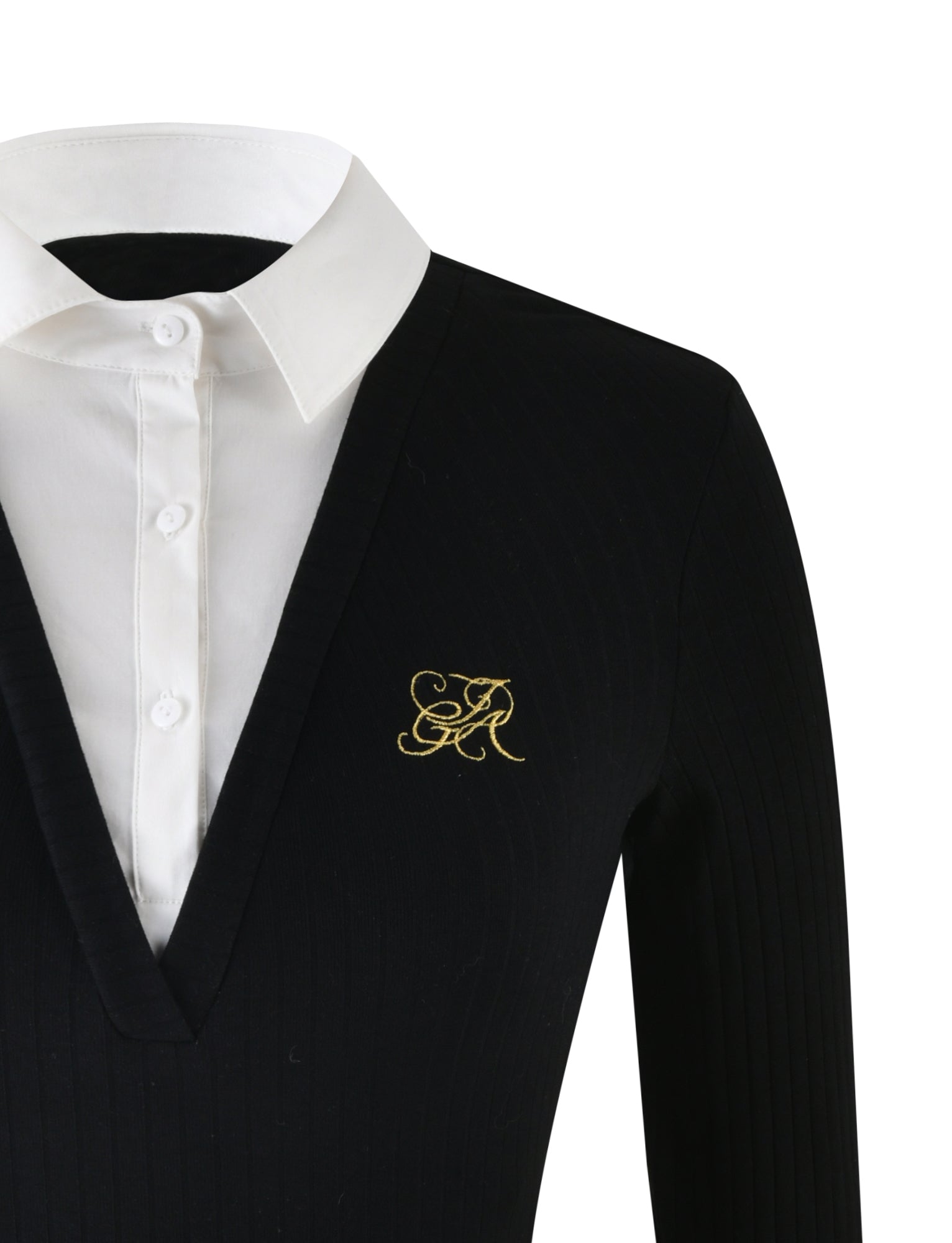 Close-up of the LANDON TOP in black by I.AM.GIA, featuring a deep V-neck and a white collar. The top displays an elegant gold monogram on the left chest, composed of intricately intertwined letters. The white collar is adorned with three buttons, adding a formal touch to the knitwear.