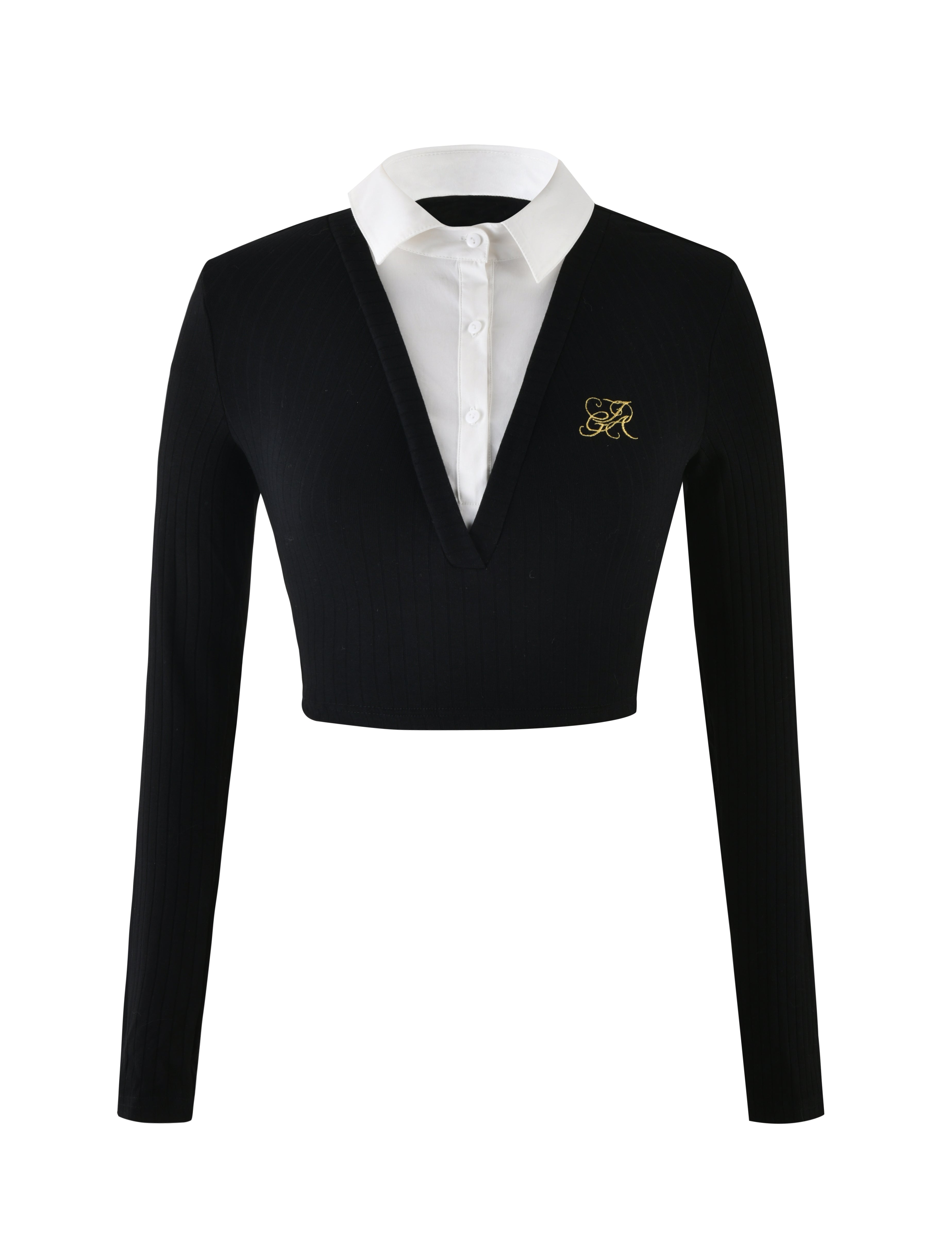 The LANDON TOP - BLACK by I.AM.GIA is a stylish women's cropped long-sleeve top, featuring a black V-neck layer over a white collared shirt with a button-up front. The top also includes a subtle embroidered gold monogram on the left chest.