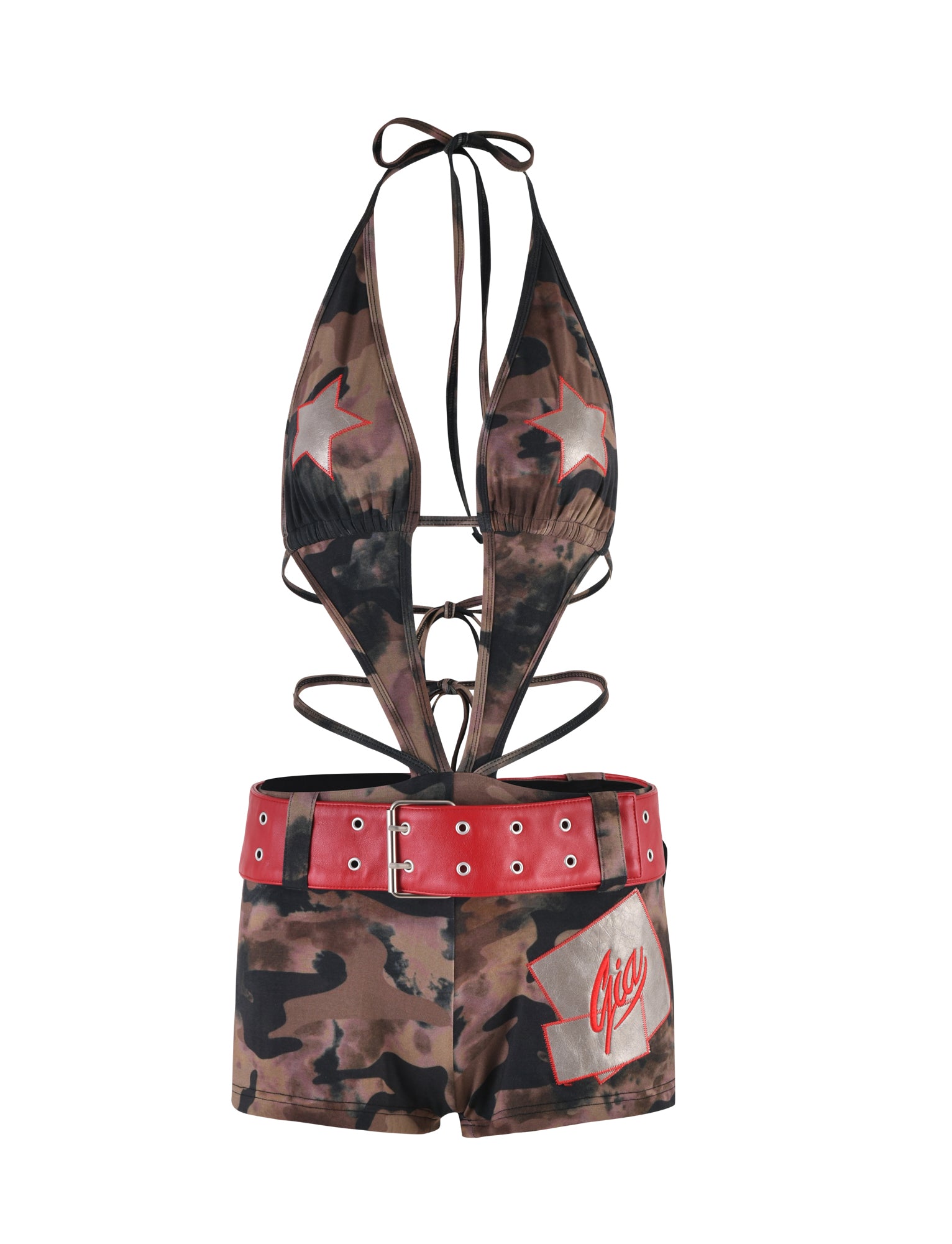 Check out the LIANNA ROMPER - GREEN : CAMO by I.AM.GIA. This custom camo romper one-piece swimsuit features cut-out sides, a plunging neckline, and star designs on the chest. It boasts red accents like a wide red belt and a graphic with the word "Gigo" on the left side of the shorts.