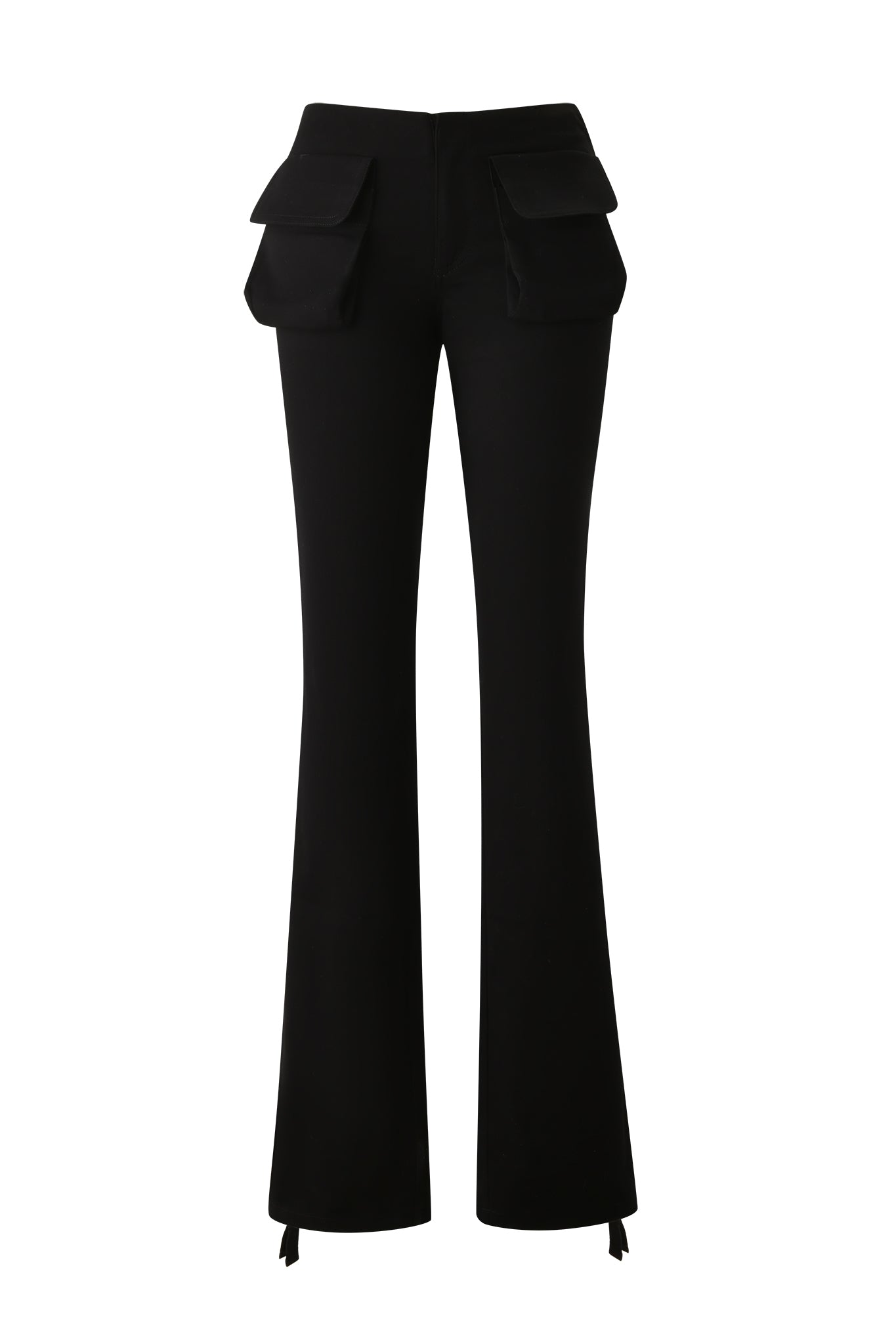 The KIMANI PANT - BLACK by I.AM.GIA features a mid-rise fit, two large hip flap pockets, and subtly flared legs for a modern cargo-inspired take on classic straight-leg pants.
