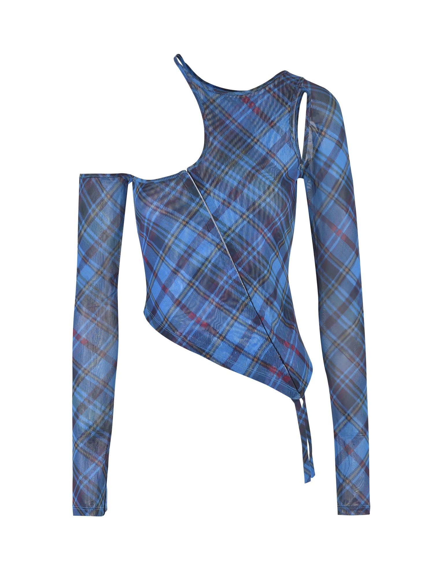 The ANAFER TOP - BLUE : PLAID from I.AM.GIA is a blue, asymmetrical plaid top that boasts one long sleeve and an off-the-shoulder side. It features a distinctive criss-cross design and a fitted silhouette.