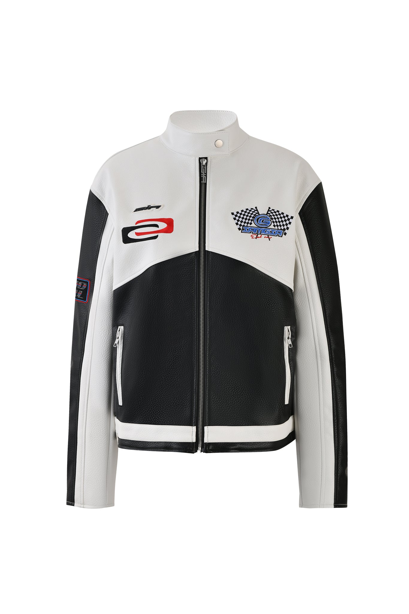The ROXY JACKET - WHITE from I.AM.GIA is a stylish racing jacket with a zipper closure, showcasing various racing-themed patches. It features a stand-up collar, two front zipper pockets, and colorful emblem designs on the chest and sleeves.
