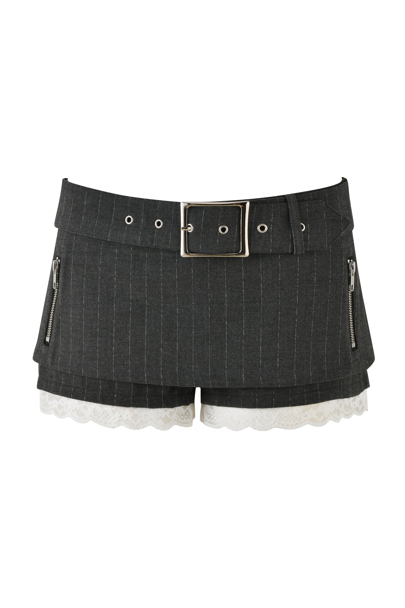Close-up of the MARRION SKORT - GREY : PINSTRIPE by I.AM.GIA, showcasing its wide belt and metallic buckle. These inbuilt shorts feature a left-side zipper and delicate white lace trim peeking out from the bottom.