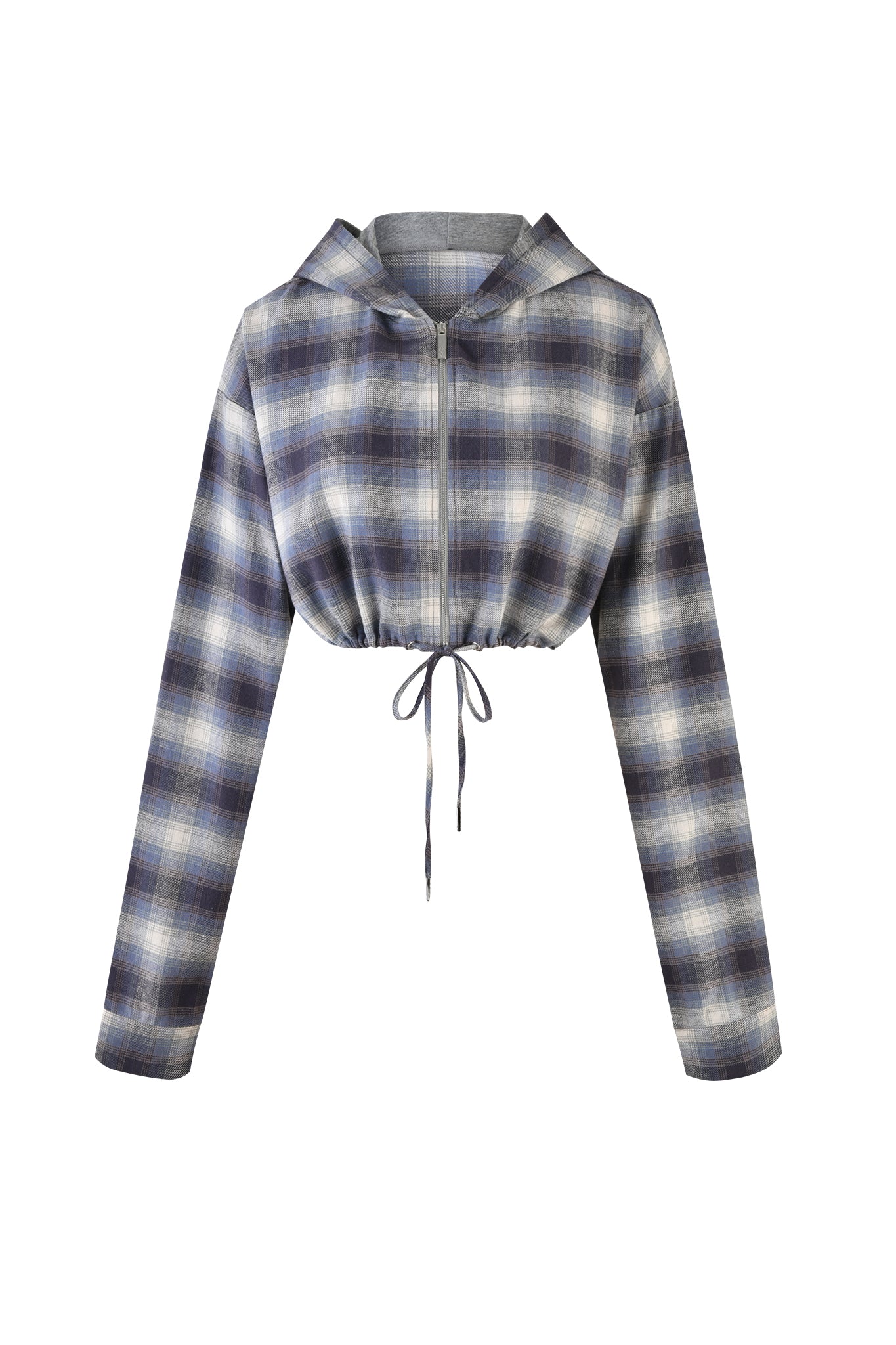 Introducing the TIFF JACKET - BLUE by I.AM.GIA, a cropped hoodie with long sleeves showcasing a blue and white plaid pattern. It features a zippered front closure, an adjustable drawstring at the waist, and a drawstring hood.