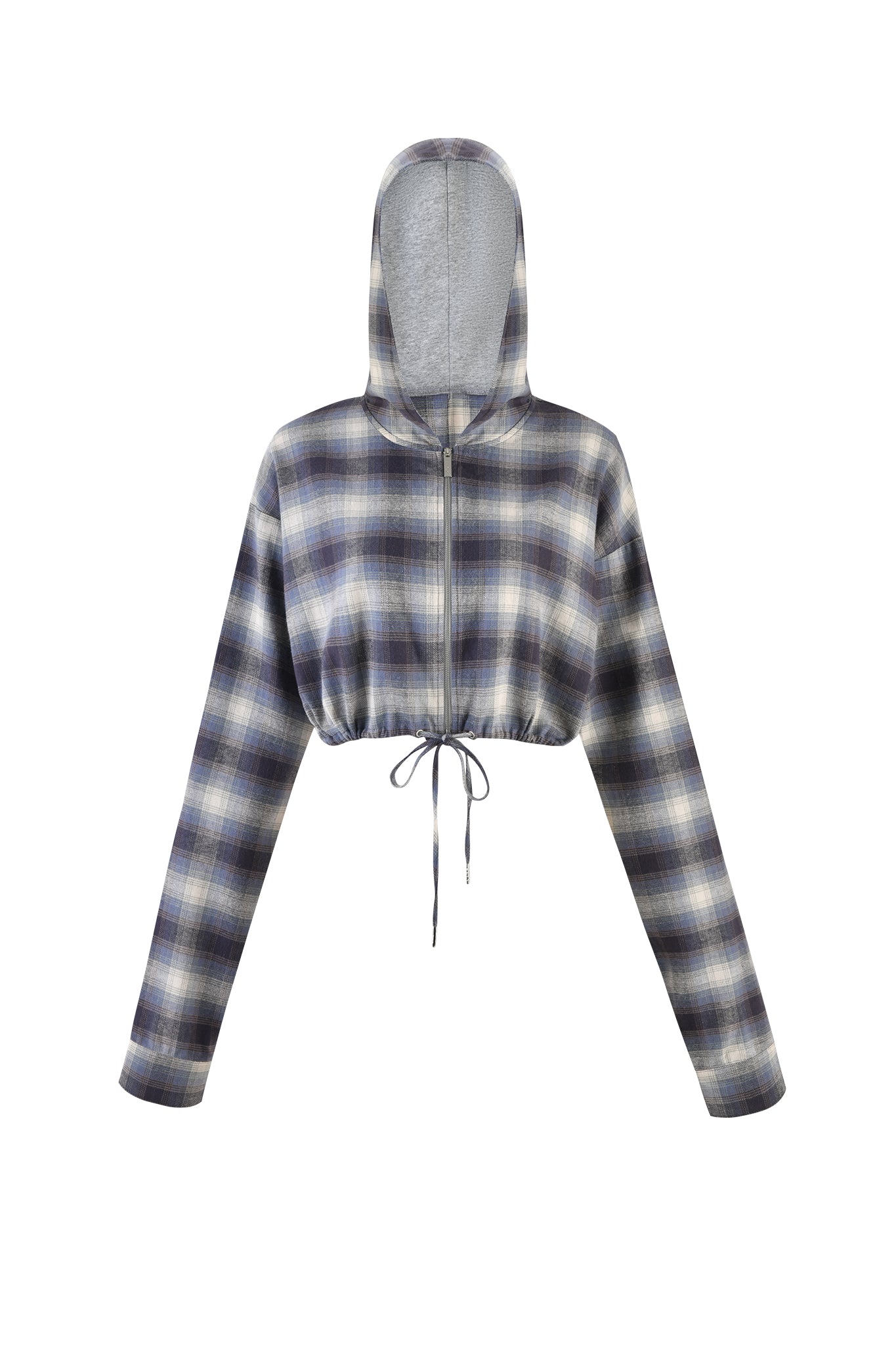 The TIFF JACKET - BLUE by I.AM.GIA is a cropped, long-sleeve, hooded jacket featuring a blue and white checkered pattern. It boasts a front zipper and a drawstring tie at the waist. Made from lightweight and comfortable fabric, it is perfect for casual wear.