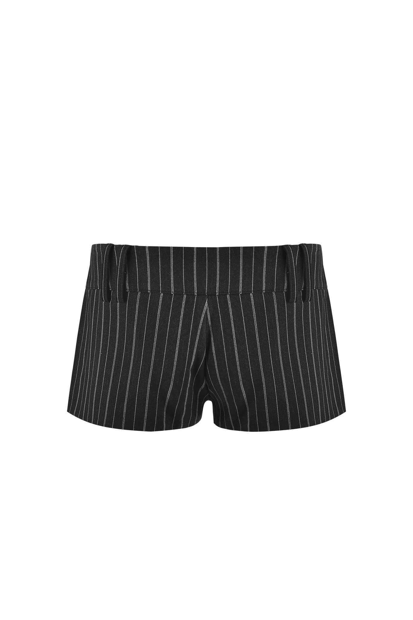 The SADIE SHORT - BLACK by I.AM.GIA are black pinstripe suiting shorts with a tailored silhouette, featuring vertical thin white stripes and a waistband with belt loops. These chic micro mini-length shorts boast a structured, sleek design and a slightly flared cut at the hems.