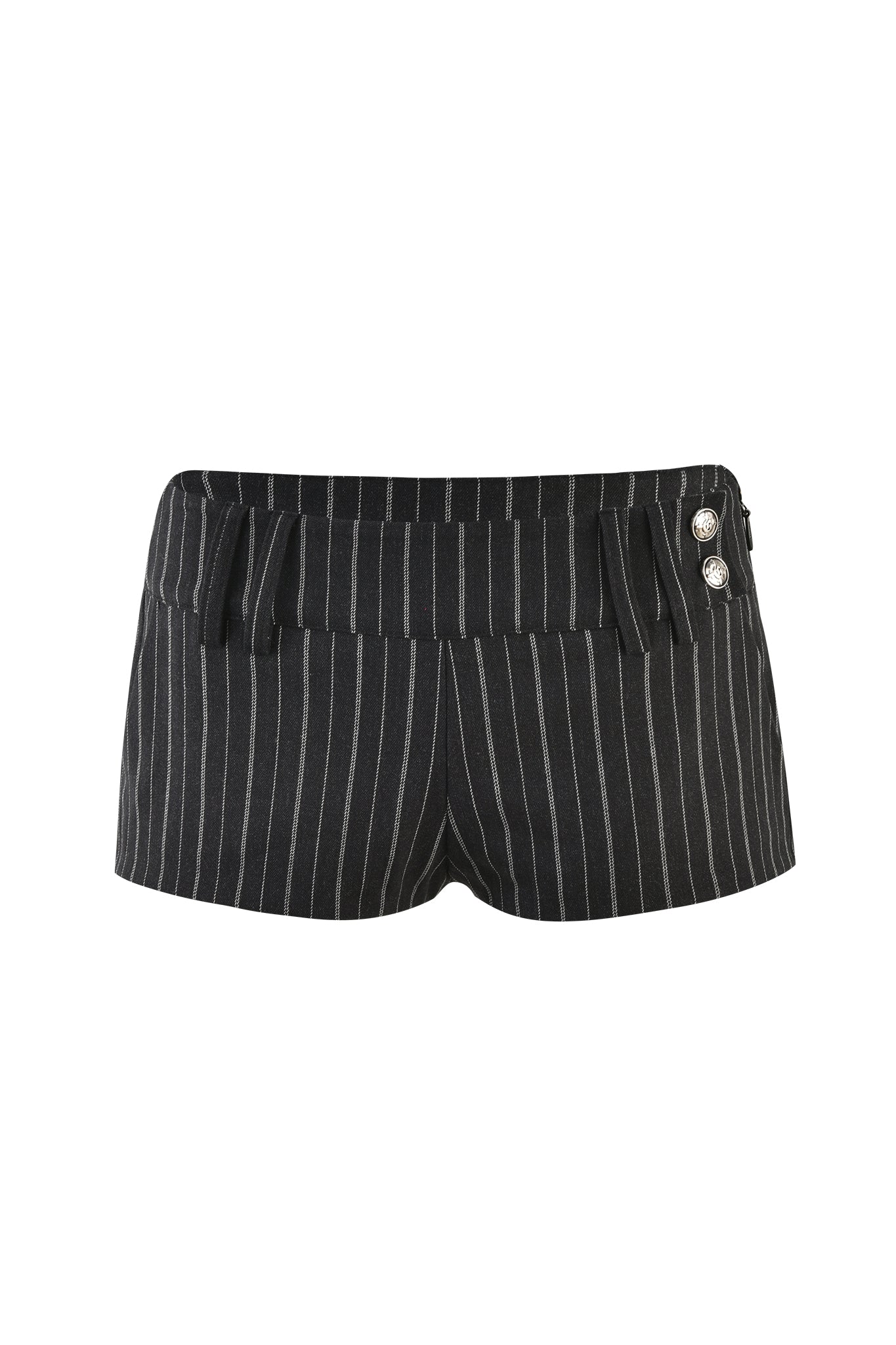 Introducing the SADIE SHORT in BLACK by I.AM.GIA: These black suiting shorts feature elegant vertical white pinstripes. Cut in a micro mini length, they boast a stylish waistband with decorative elements and two small buttons on one side. Crafted from lightweight fabric and tailored for a chic, casual silhouette, they're the perfect blend of sophistication and style.