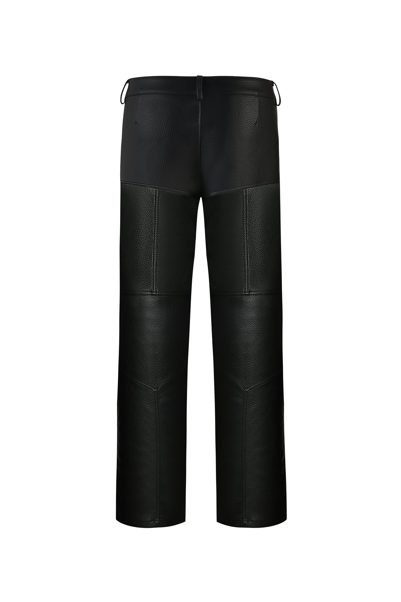 The KRISTIE PANT - BLACK by I.AM.GIA features a moto-inspired design with textured panels on the back and knees, belt loops at the waistband, and a straight-leg silhouette. These high-quality faux leather pants have a slightly shiny finish and are viewed from the back in this description.