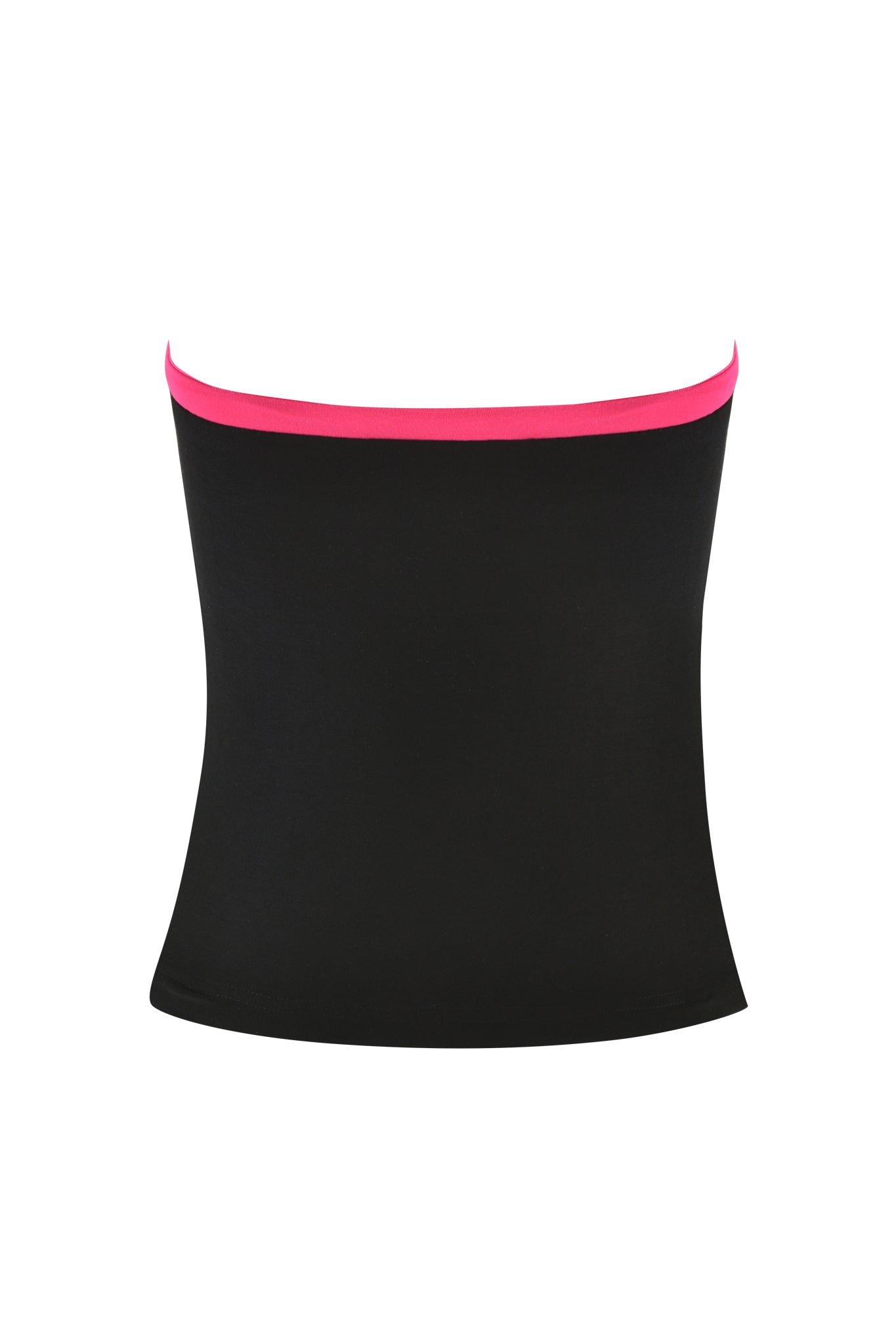 Introducing the MICHELLE BOOB TUBE - BLACK by I.AM.GIA: this strapless top is a stunning black piece made from bamboo fabric and highlighted with a vibrant pink trim at the neckline. Showcased beautifully on a plain white background, it offers both comfort and sophisticated style.