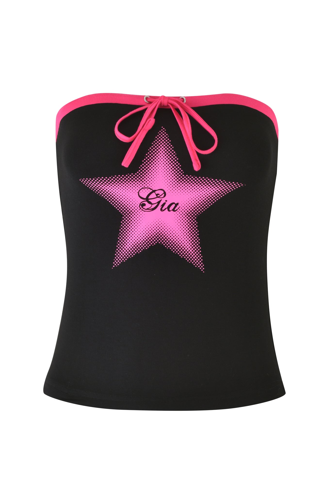 Introducing the Michelle Boob Tube in black by I.AM.GIA, a stunning strapless piece showcasing the distinctive Gia star artwork on the front. Crafted from soft bamboo fabric, it features a pink band around the neckline tied in a playful bow. Inside the star, "Gia" is elegantly printed in cursive.