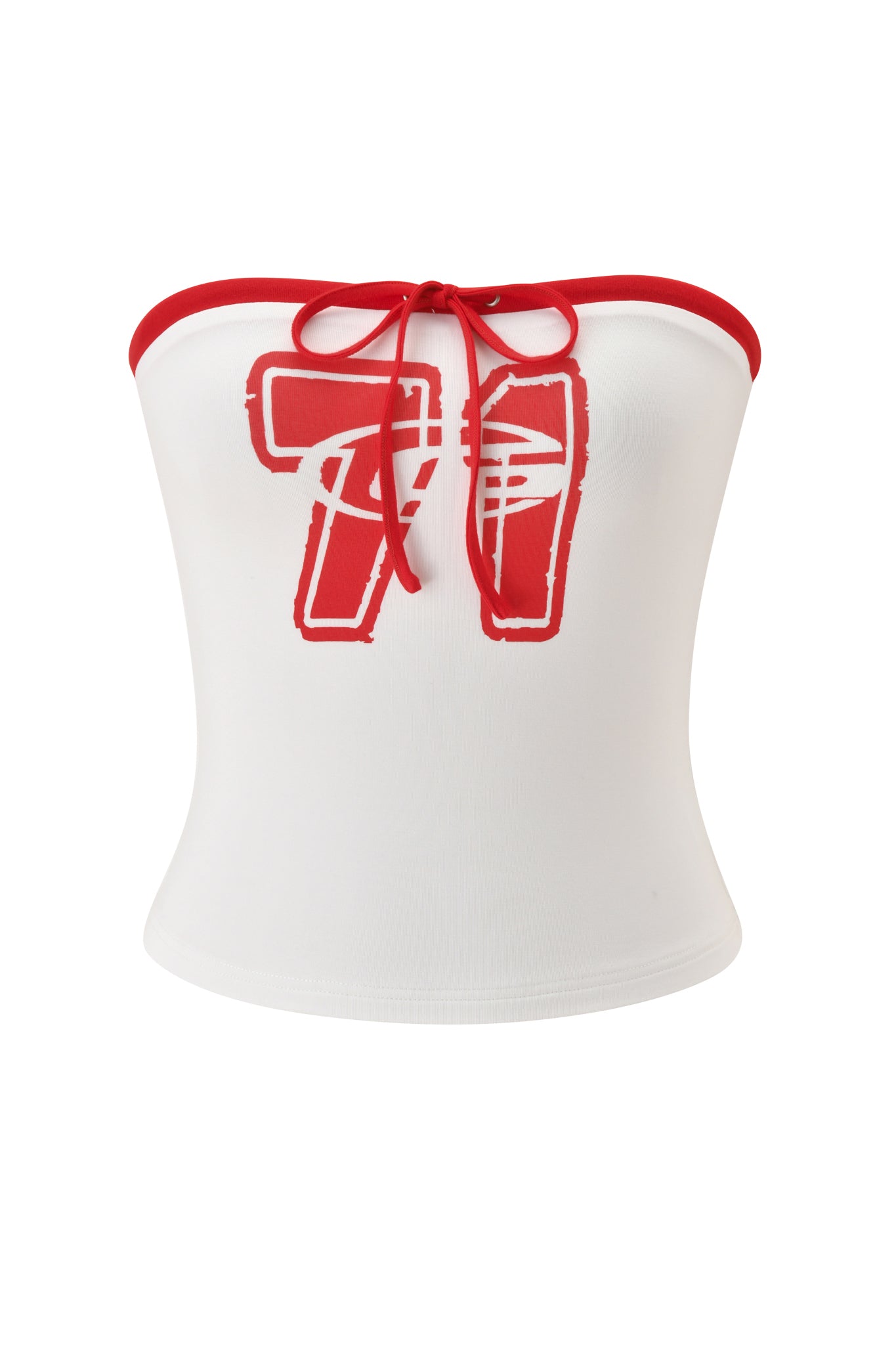 The MICHELLE BOOB TUBE by I.AM.GIA is a sporty white tube top with a bodycon fit, red trim, a red front tie, and a bold red and white "71" graphic on the chest.