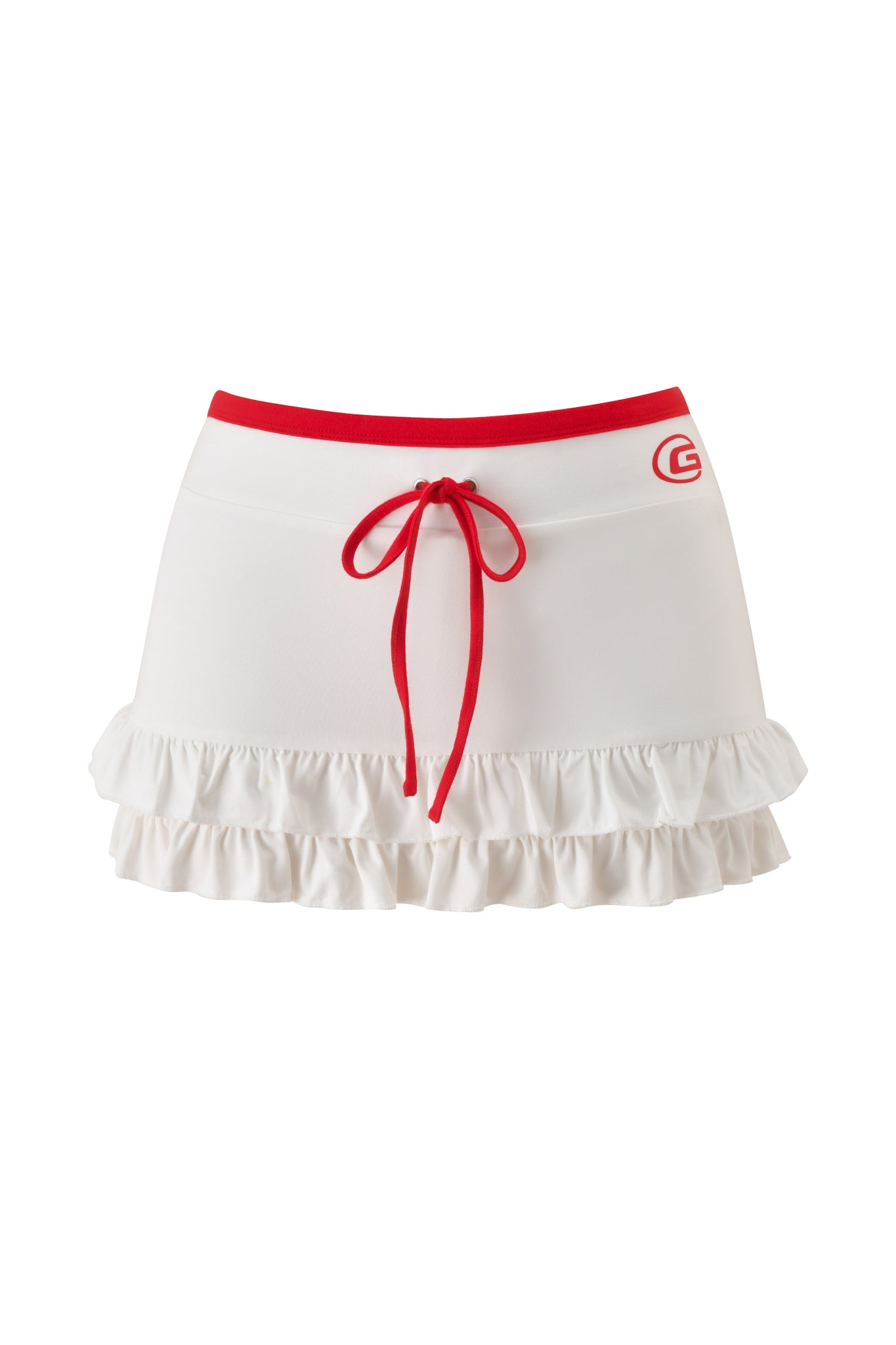 The MICHELLE SKORT by I.AM.GIA is a white micro mini skort featuring a red waistband, red drawstring tie, two ruffled layers at the hem, and a small red logo on the left side near the low-rise waist.