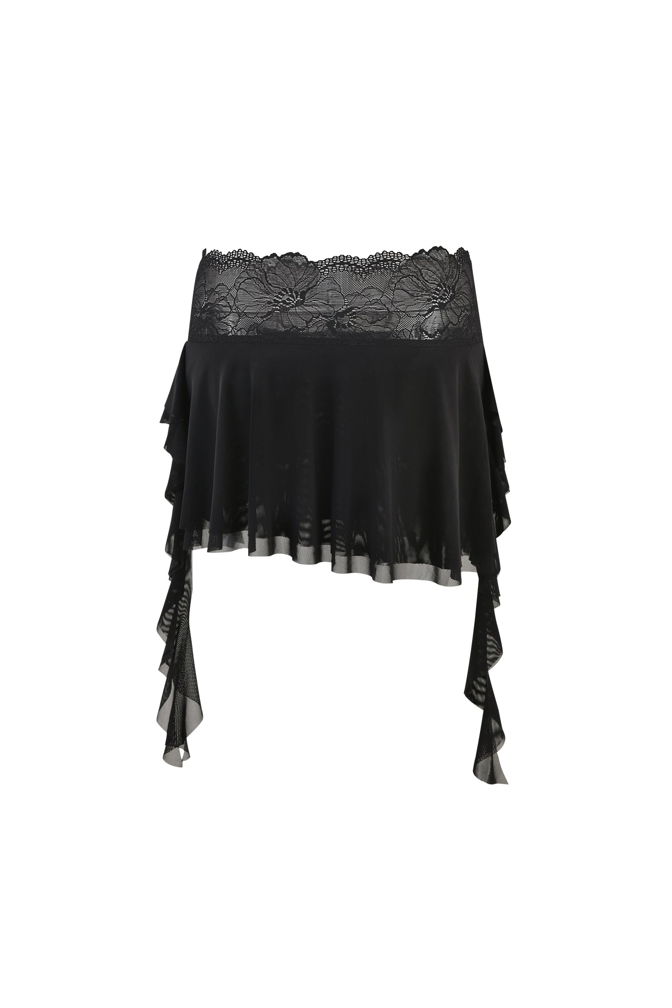 A black off-the-shoulder crop top made of lace and sheer fabric with ruffled trim. The top features intricate floral lace detailing at the neckline and cascades into soft, flowing ruffles on the sides, perfectly pairing with the SILO SKIRT in black by I.AM.GIA for a chic ensemble.