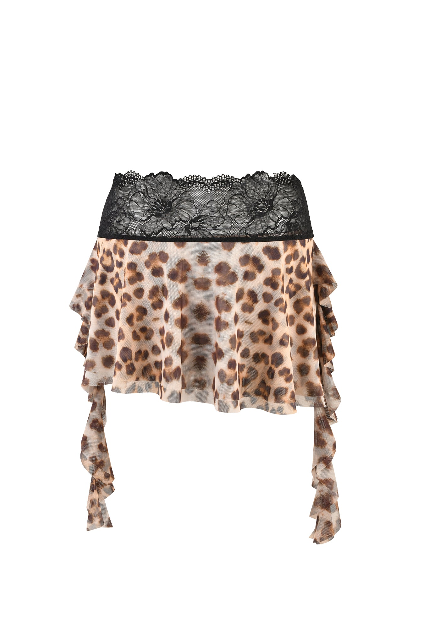 The I.AM.GIA Silo Skirt in a neutral leopard print features ruffled layers on both sides, giving it a flowy appearance.