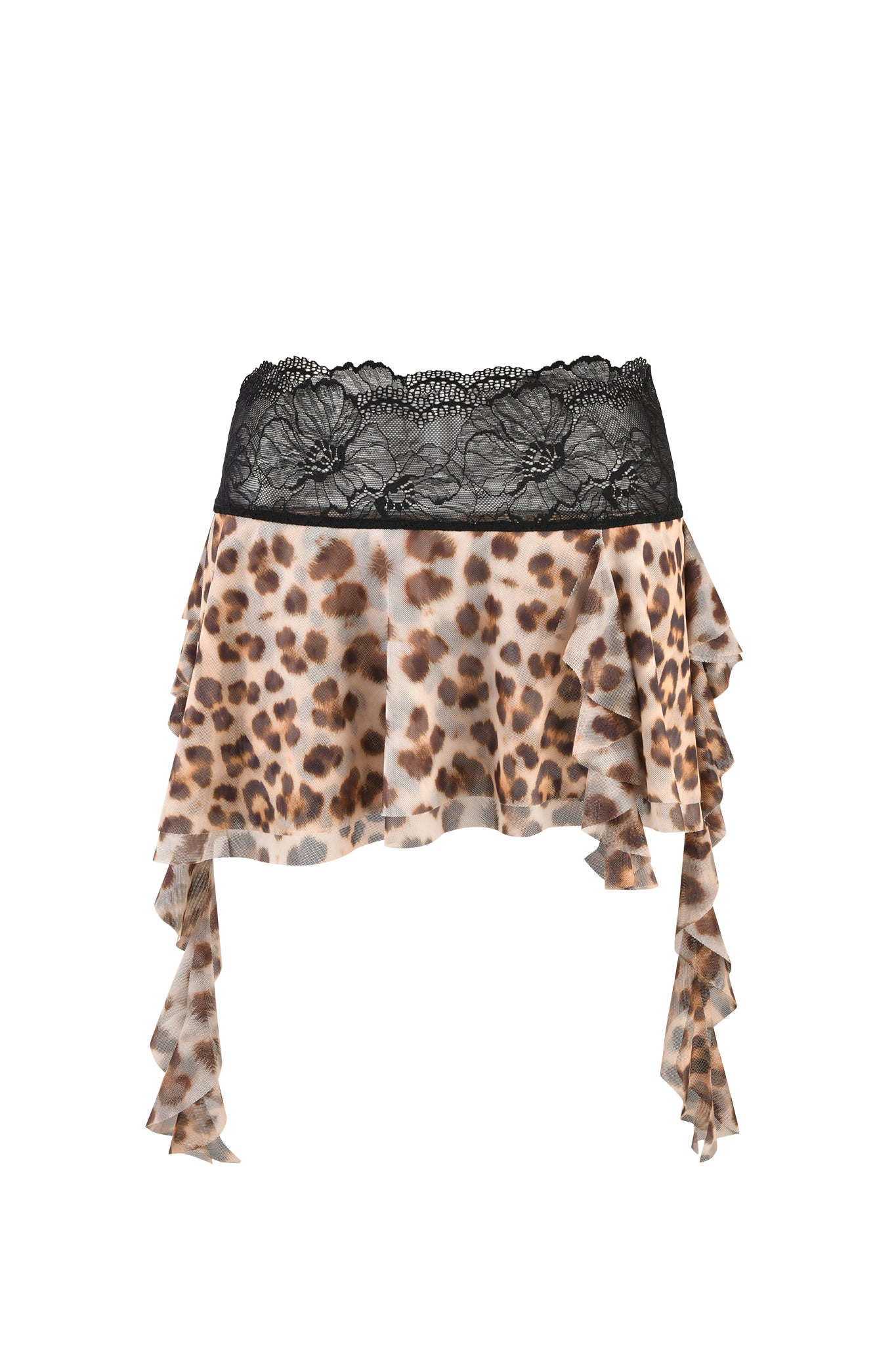 The SILO SKIRT - NEUTRAL : LEOPARD by I.AM.GIA showcases a leopard print with black lace trim, featuring tiered ruffles and a draped design that offers a flowy, layered look.