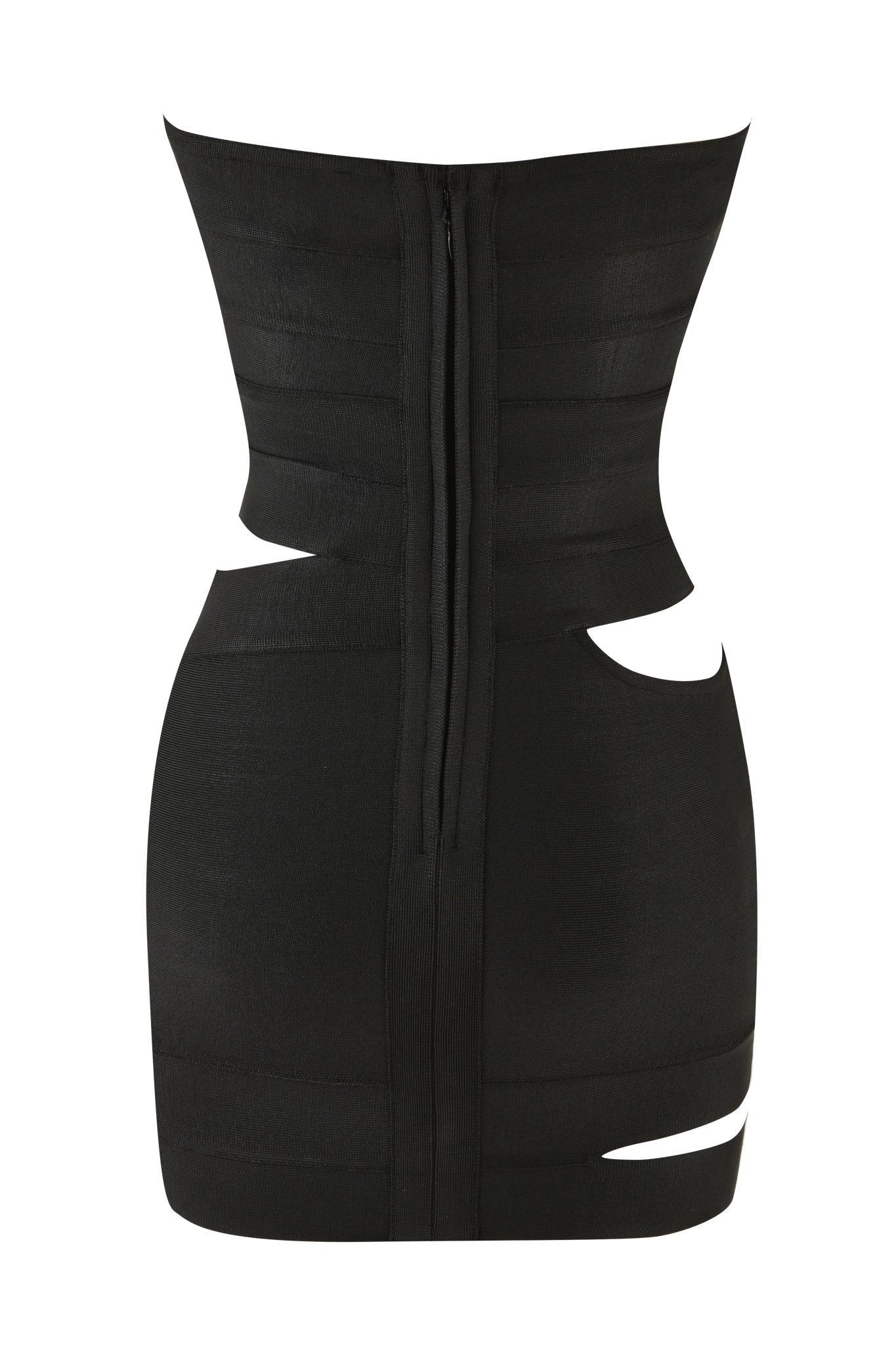 The FLAVIA MINI DRESS - BLACK by I.AM.GIA is a stylish, form-fitting bandage dress with a strapless neckline and distinctive cut-out details on the sides and back. This mini-length bodycon dress features a zipper closure running vertically down the middle of the back.