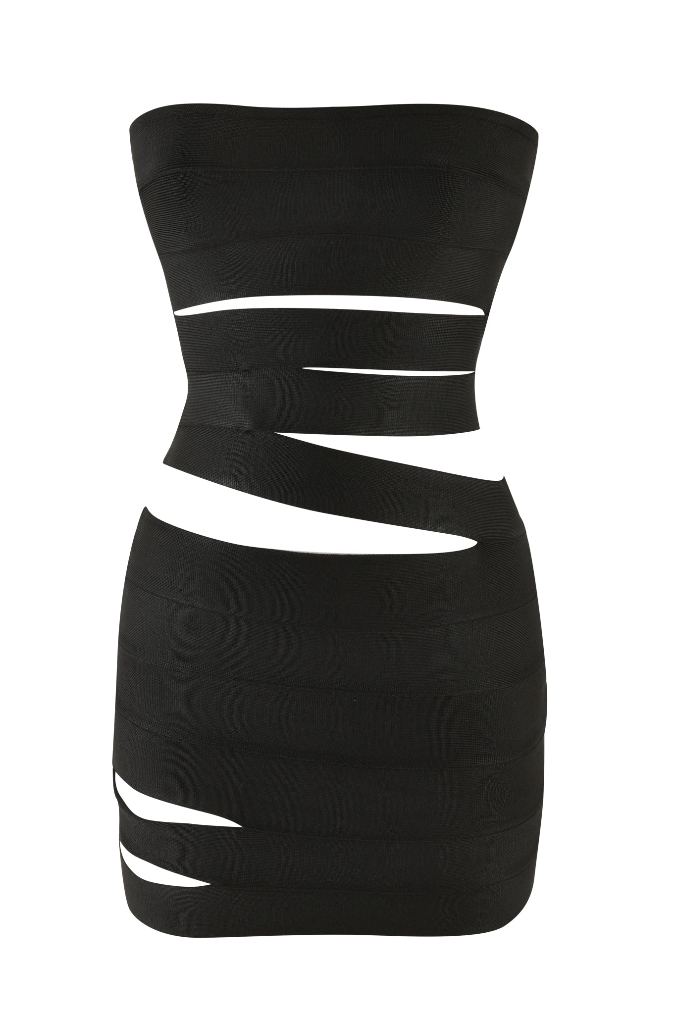 The FLAVIA MINI DRESS - BLACK by I.AM.GIA is a strapless bandage dress designed to hug your body. This mini-length bodycon dress features multiple cut-out sections at the waist and thigh areas, creating a unique, modern, and edgy look.