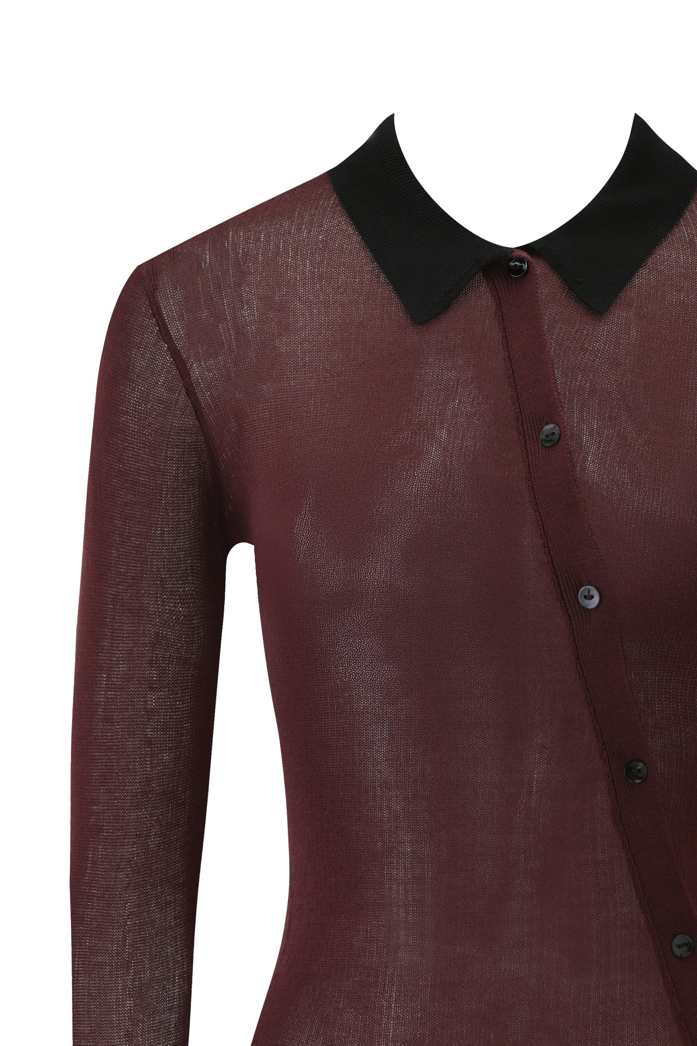 The DAVINA TOP - BROWN by I.AM.GIA is a sheer knit, long sleeve button-up with black buttons and a contrasting pointed black collar, shown on a plain background.