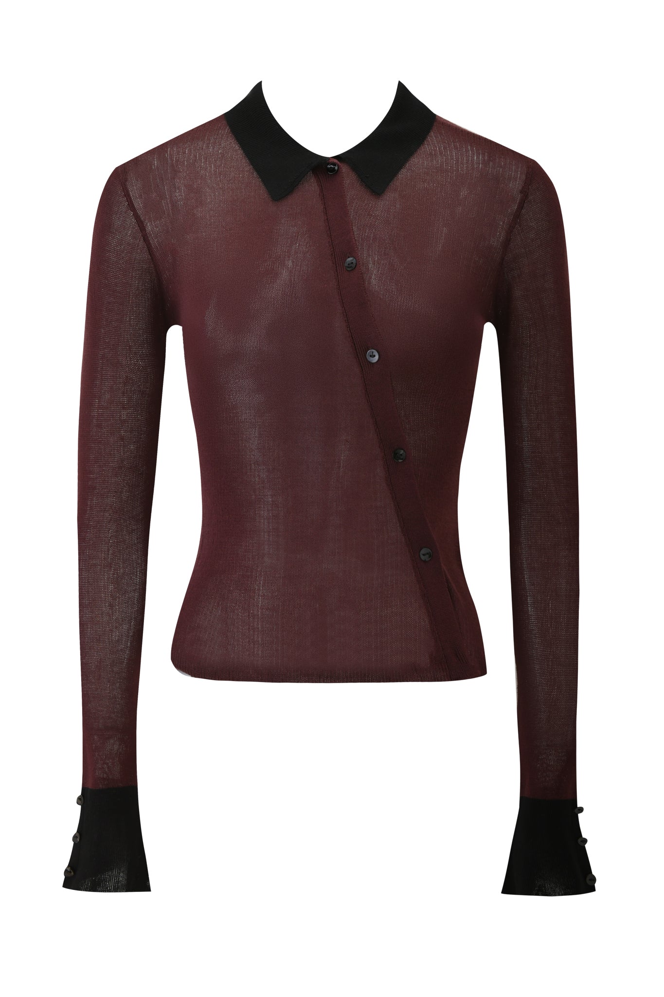 The I.AM.GIA DAVINA TOP in brown is a sheer knit long-sleeve blouse featuring a black collar and cuffs, asymmetrical button closure, and a fitted silhouette.