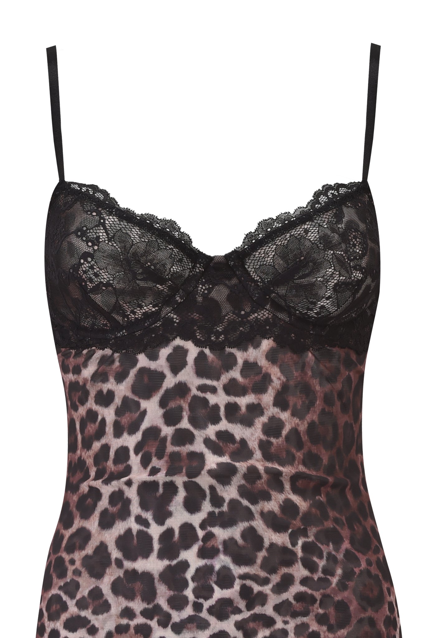 A close-up of the I.AM.GIA CALYPSO MINI DRESS - LEOPARD shows its women's slip style, thin black spaghetti straps, black lace at the bust, and leopard mesh fabric, all set against a plain white background.