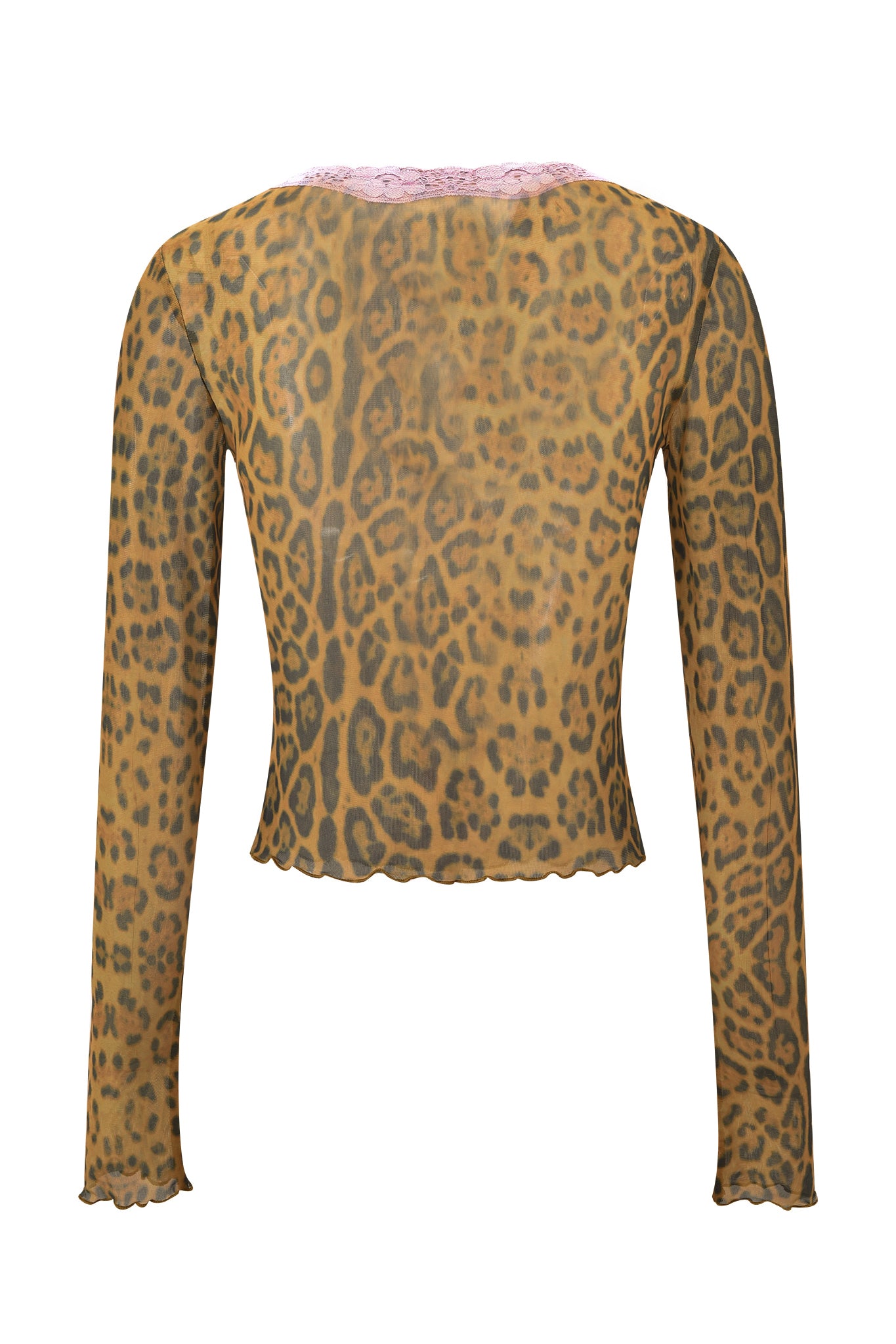 The I.AM.GIA TASHI TOP - PANTHERA is a sheer, slightly cropped long-sleeve with brown and black cheetah print and lettuce-edge hems.