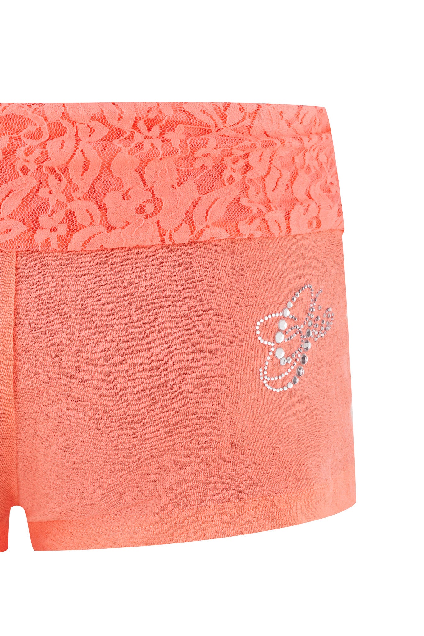 A close-up of the HURLEY SHORT - ORANGE : CORAL by I.AM.GIA, showcasing coral-colored women's mini booty shorts with a low-rise waist, highlighted by a contrast lace waistband and rhinestone butterfly embellishment on the side.