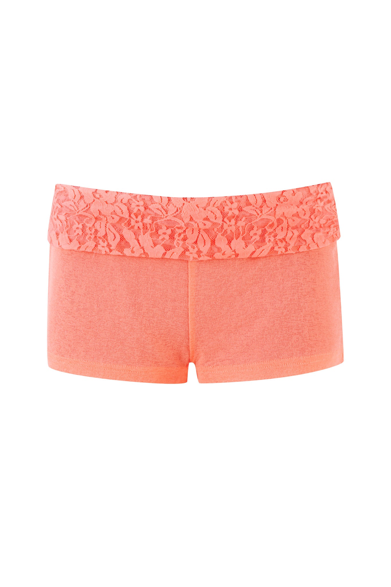 The HURLEY SHORT - ORANGE : CORAL by I.AM.GIA is displayed. These orange mini booty shorts boast a contrast lace fold-over waistband and a smooth, fitted design for the main fabric. The lace adds a decorative, feminine touch to the otherwise simple and solid-colored shorts.