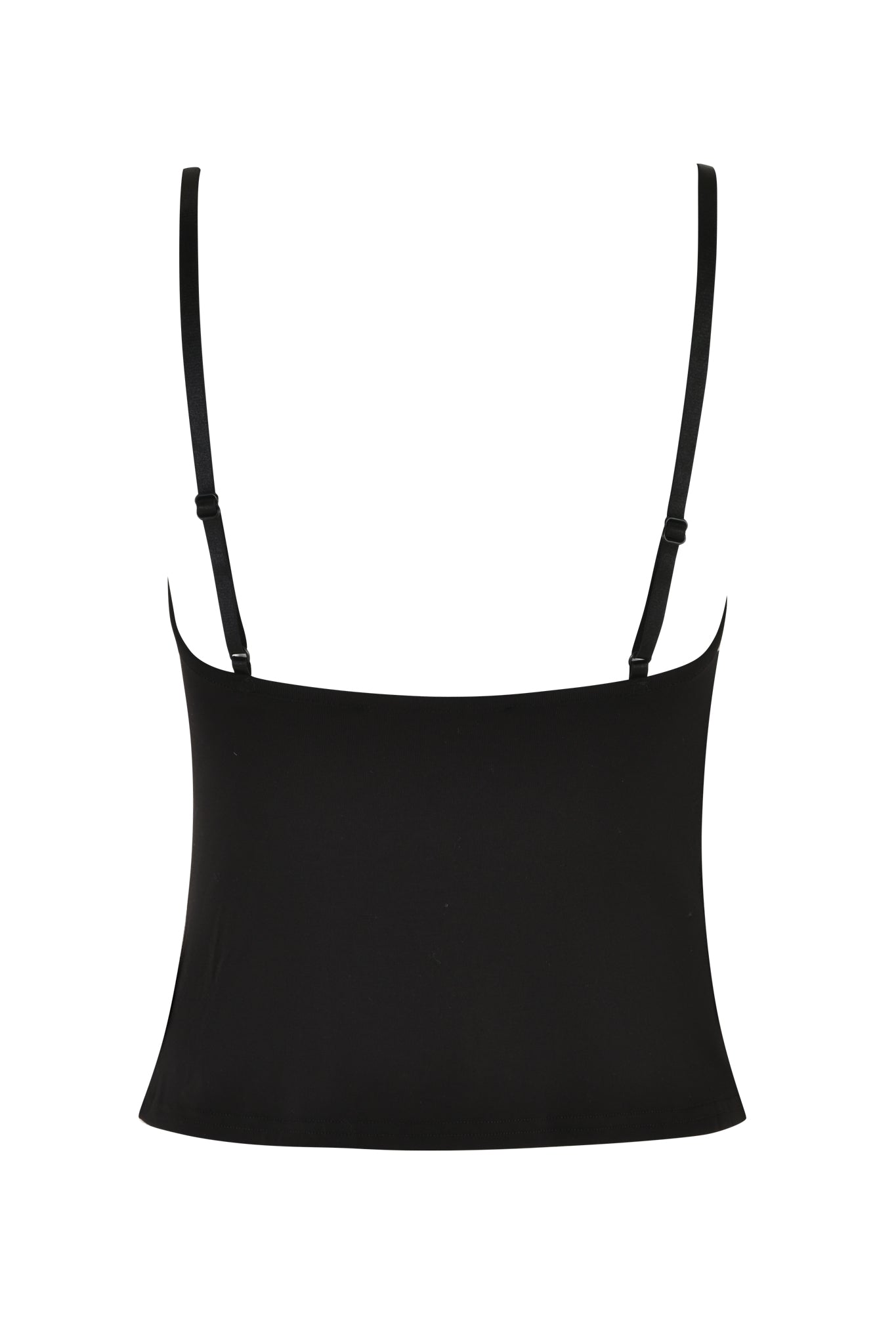 The ADELLA TOP - BLACK : FLORAL : BLACK ORCHID by I.AM.GIA is shown from the back, featuring adjustable spaghetti straps and a simple, minimalist design. Displayed against a plain white background, this versatile piece is perfect for layering or wearing alone.