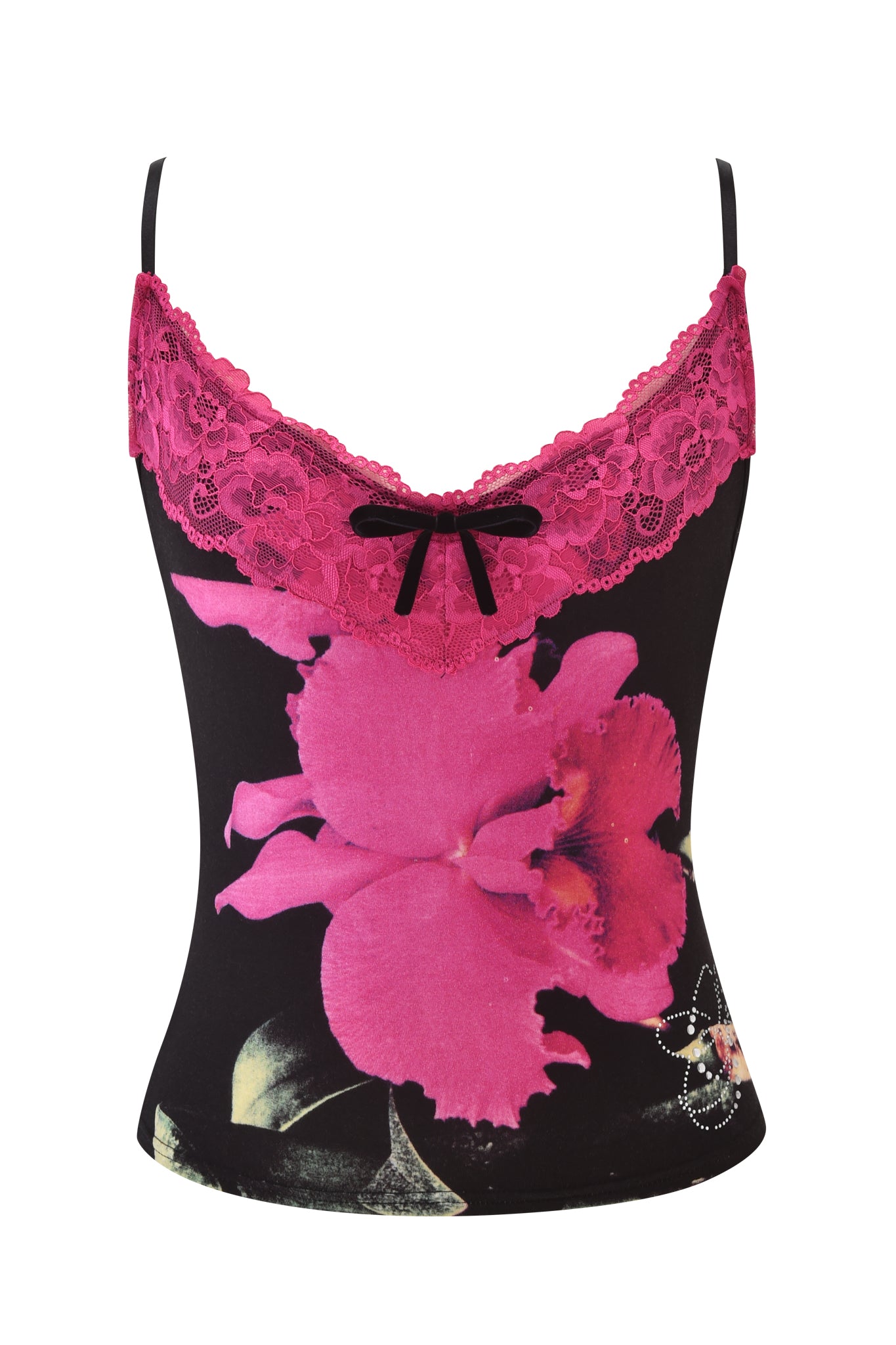 The ADELLA TOP - FUCHSIA by I.AM.GIA is a black cami with thin straps, bold pink floral print, bright pink lace at the neckline, and a small black bow in front—adding a playful twist to your wardrobe.