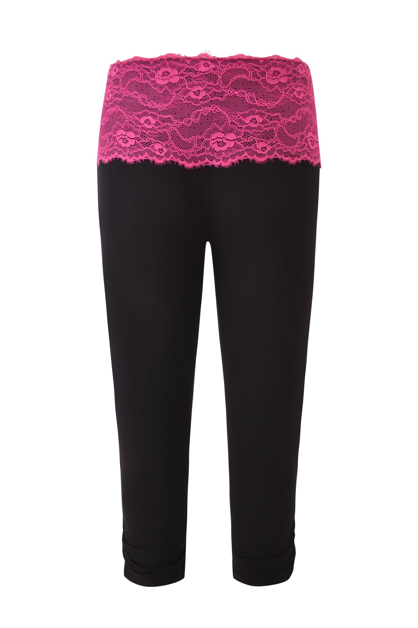 The ADELLA CAPRI - FUCHSIA by I.AM.GIA are black bamboo capri leggings with a fuchsia lace floral waistband, bodycon fit, and end below the knee. Photographed on a white background.