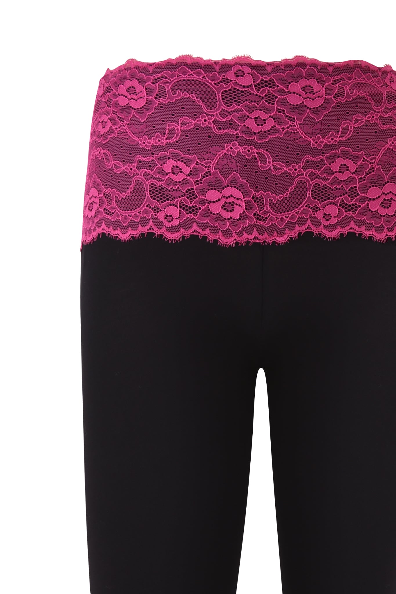 A close-up of I.AM.GIA ADELLA CAPRI – FUCHSIA leggings, showcasing a bodycon fit and wide fuchsia floral lace waistband, displayed on a mannequin from waist to upper thighs.