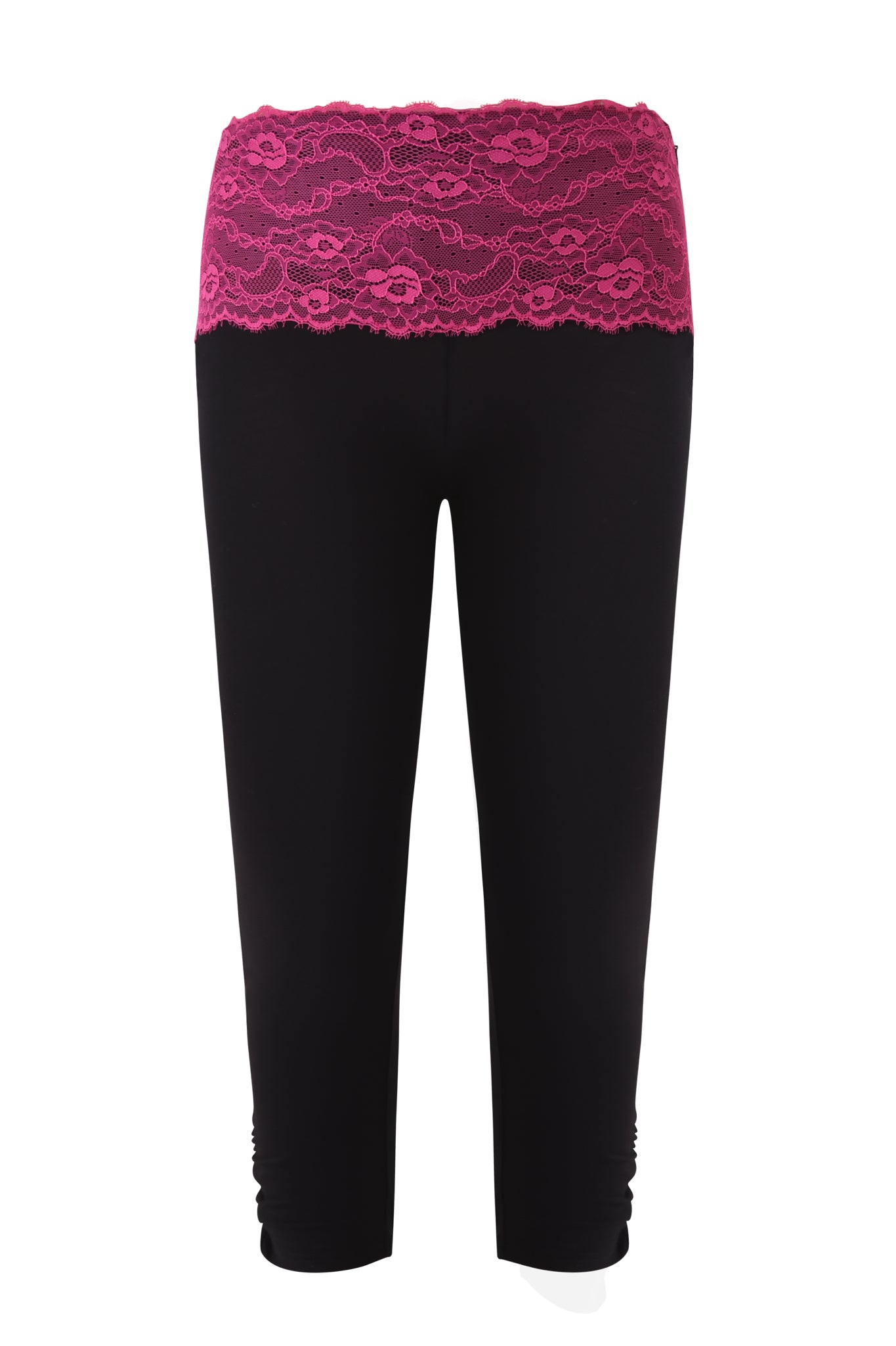 The I.AM.GIA ADELLA CAPRI - FUCHSIA features black, bodycon-fit capri leggings with a wide fuchsia lace waistband and ruched hem, shown on a white background for a stylish and flattering look.