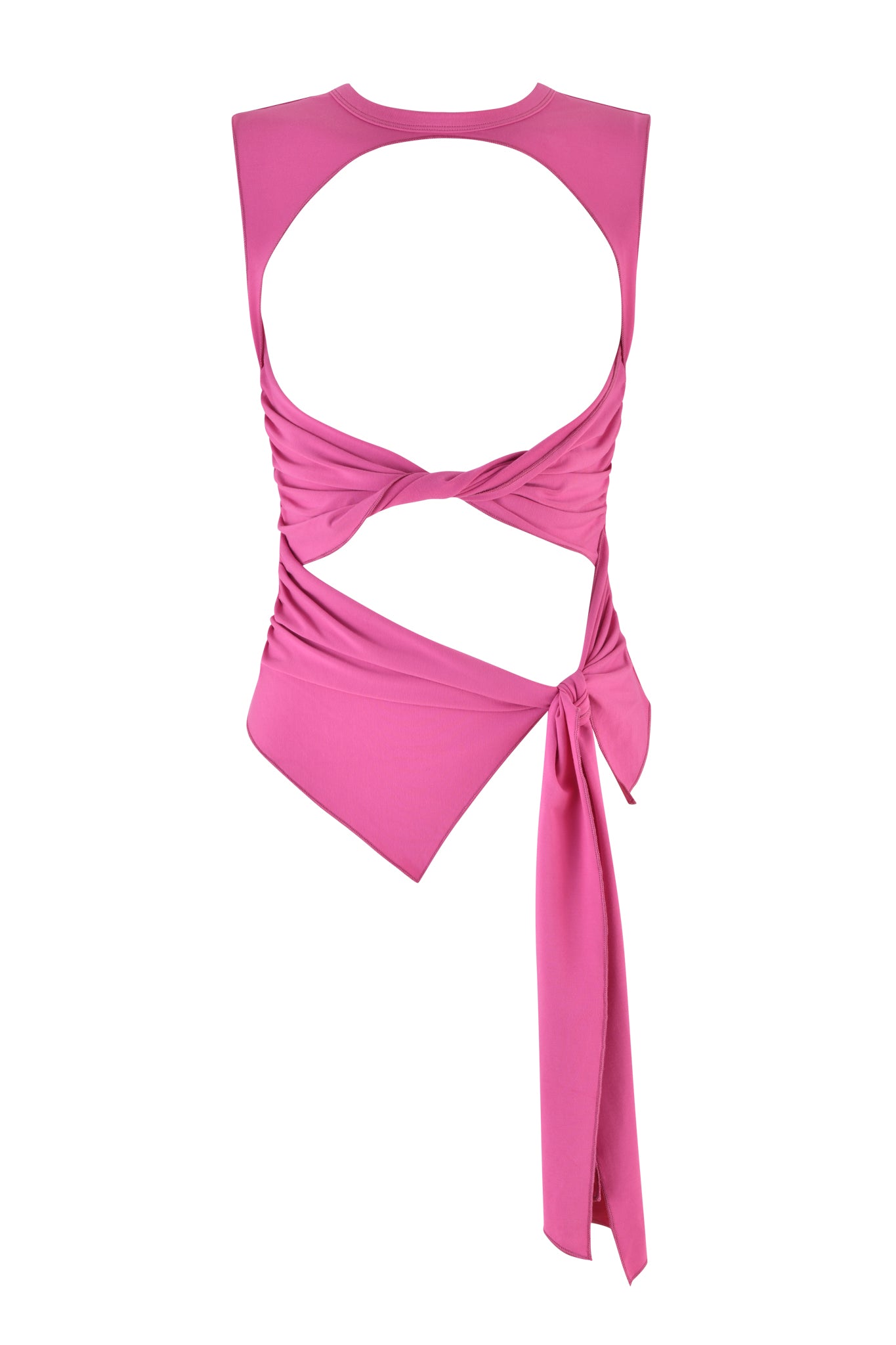 Introducing the KEHLANI TOP - PINK : NEON PINK by I.AM.GIA, a vibrant hot pink sleeveless top. This stylish piece features cutout details and an open back with intricate twists and wraps at the waist. Its asymmetrical hemline includes a long, loose strap hanging from the side, creating a striking and fashionable design.