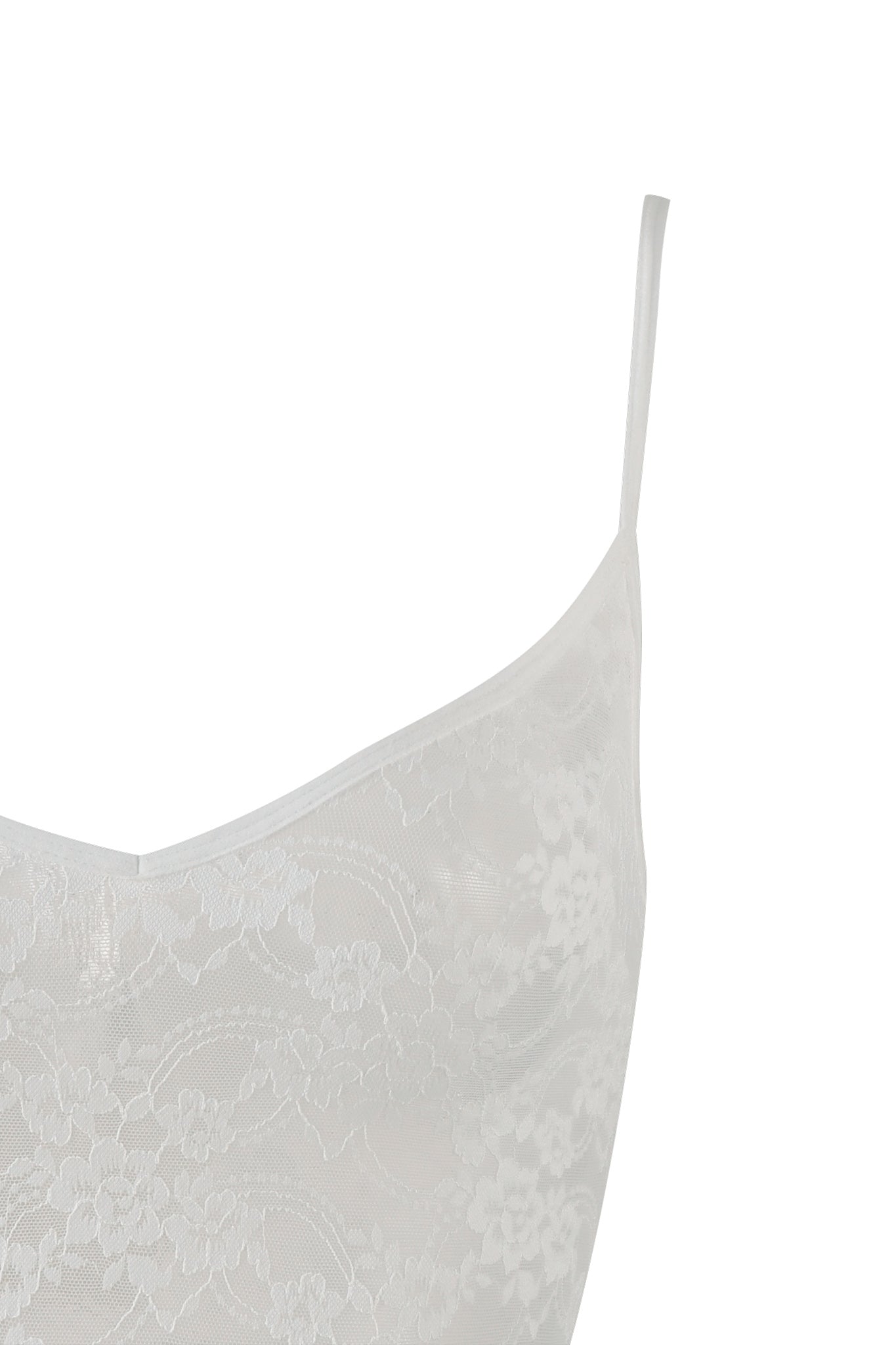 A close-up of a white I.AM.GIA PERLA BODYSUIT, featuring thin shoulder straps and showcasing its delicate floral lace pattern. The fabric appears lightweight and semi-transparent. The image focuses on the upper part of the garment, emphasizing its design details.