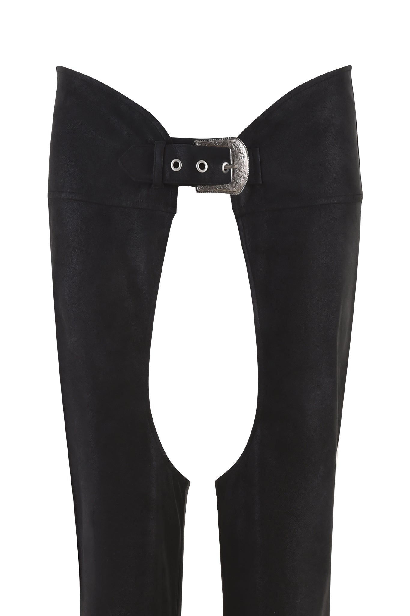 The ARIZONA CHAP PANT - BLACK by I.AM.GIA is a pair of black faux leather chap pants featuring a mid rise waist, silver buckle, and grommets. These chaps have an open front from the waist downward, with the leather covering the outer thighs and legs.