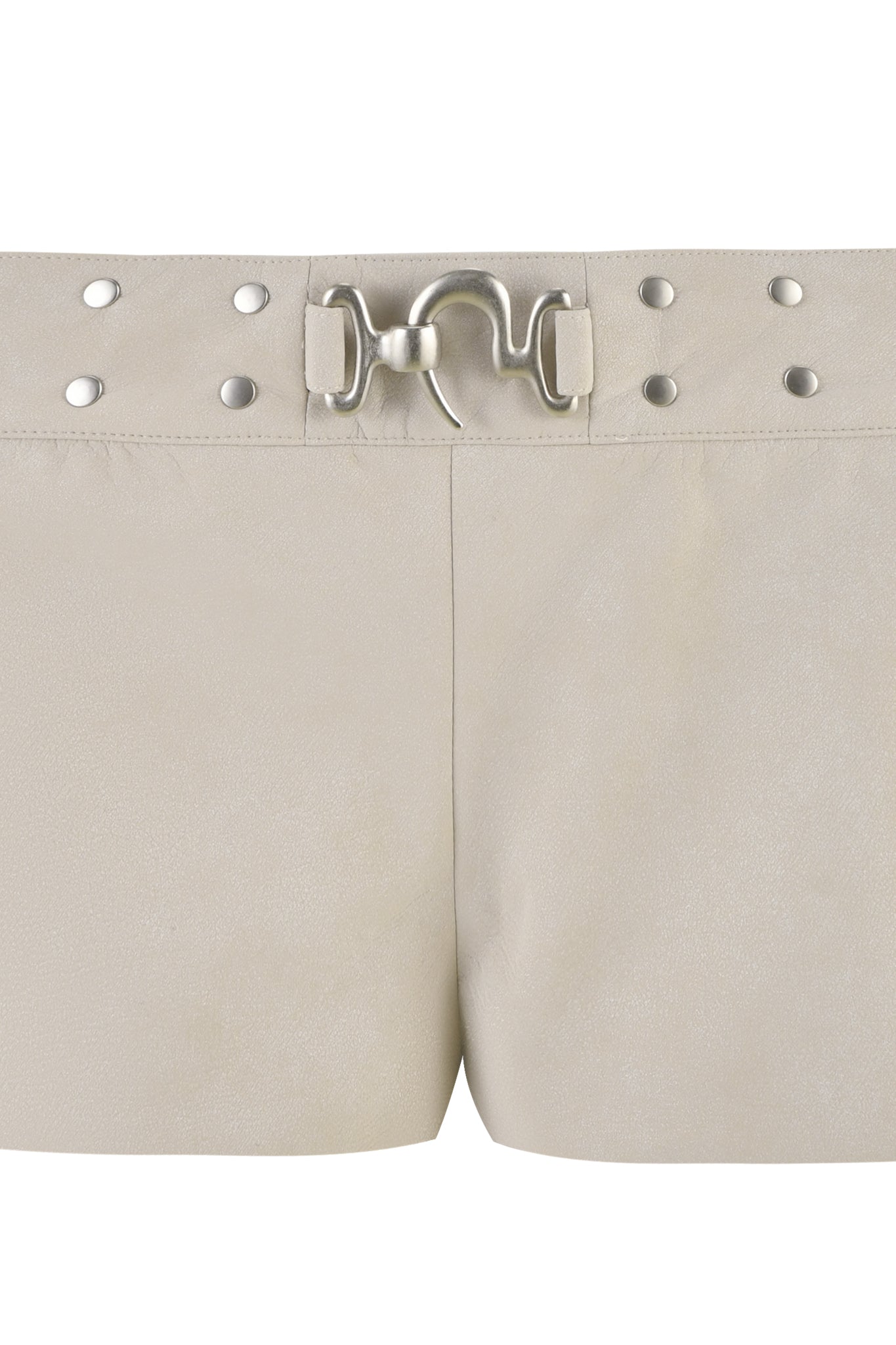 The DOLLY SHORT - NEUTRAL : TAN by I.AM.GIA is a pair of tan faux leather mini shorts featuring a silver buckle at the top center and decorative silver studs adorning the waistband. These shorts have a sleek, minimalist design with a smooth texture and bodycon silhouette to accentuate your figure.