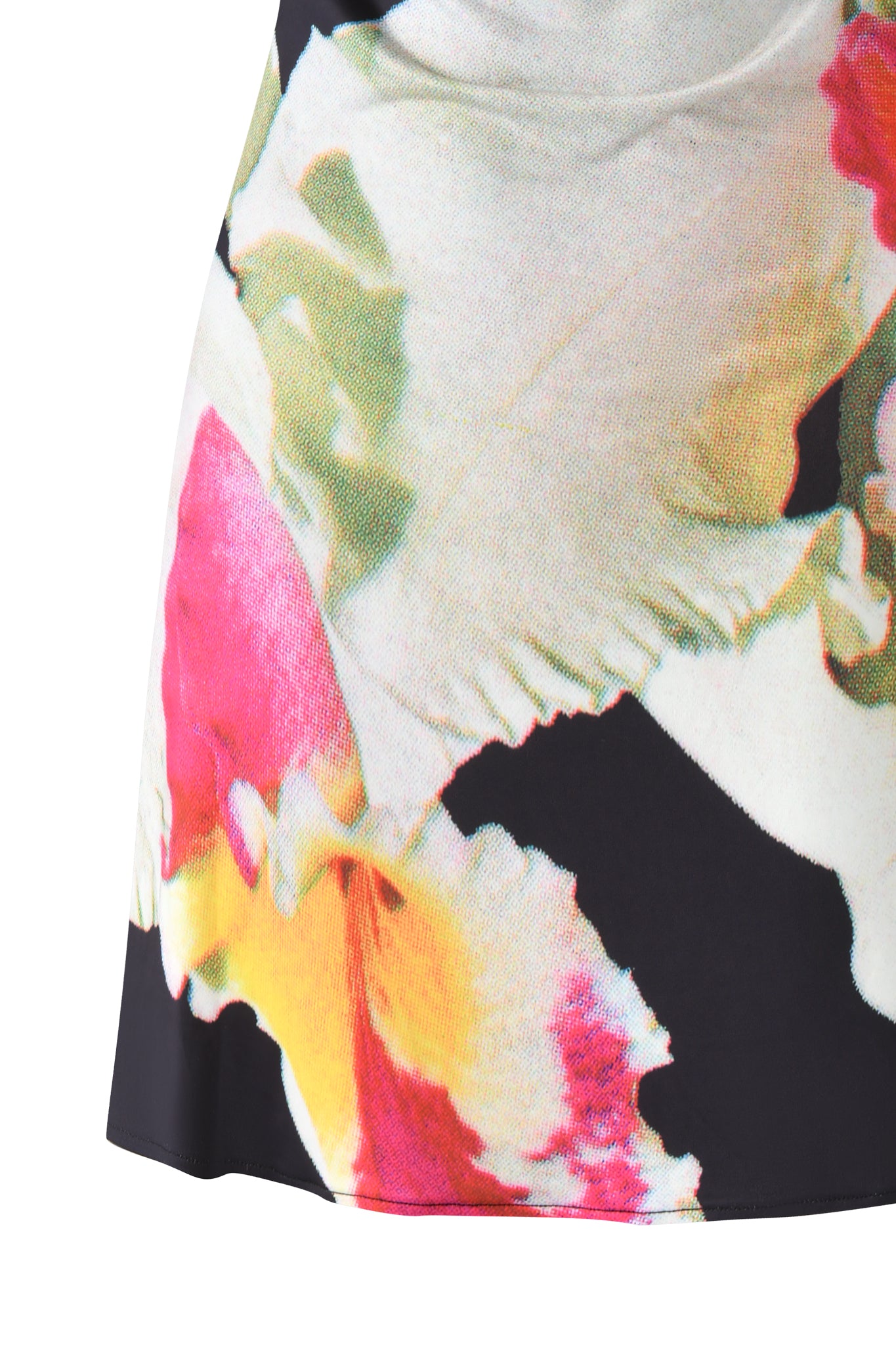 Close-up of fabric with a colorful floral print similar to the I.AM.GIA THEODORA MINI DRESS - BLACK, featuring large abstract flowers in pink, yellow, green, and white on a black background.
