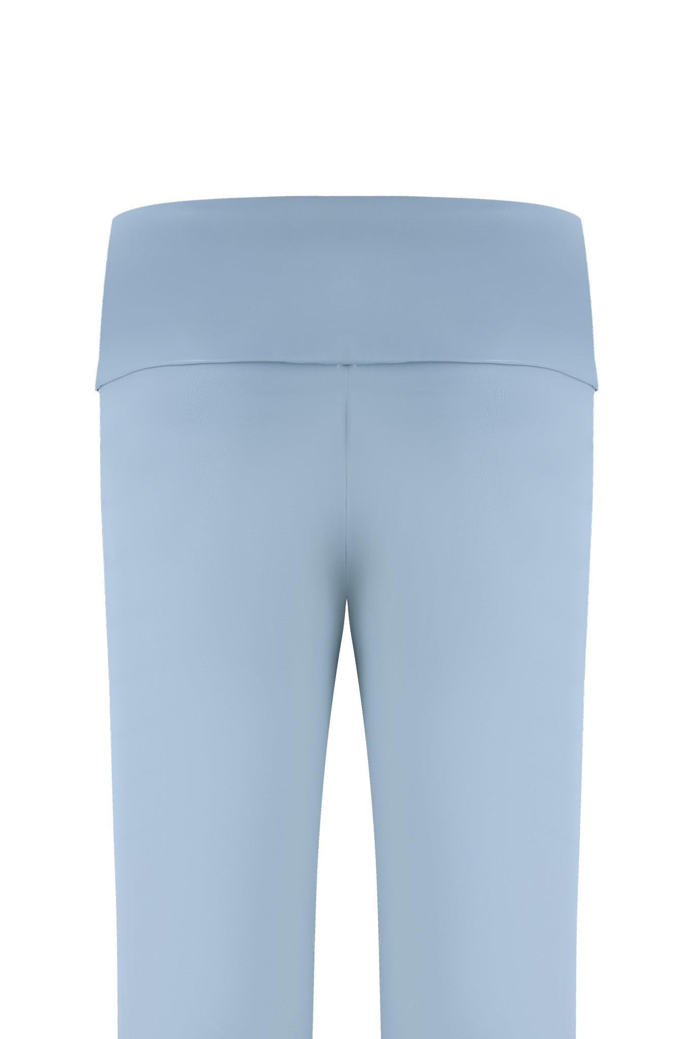 Back view of the AMALTHEA PANT - BLUE : BABY BLUE from I.AM.GIA. These light blue yoga pants feature a high, smooth, seamless waistband. The stretchy fabric provides a bodycon fit, ensuring they are form-fitting with no visible logos or patterns.