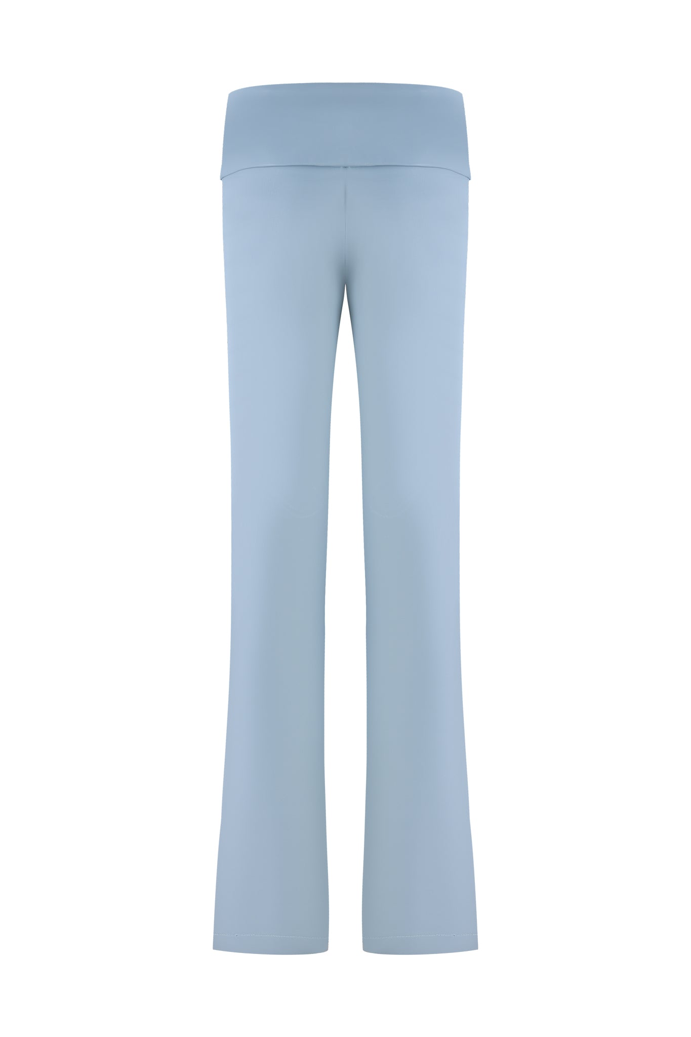 The AMALTHEA PANT - BABY BLUE by I.AM.GIA is displayed against a white backdrop. With a wide waistband and slightly flared legs, these baby blue faux leather pants offer both style and comfort, making them an excellent choice for activewear or casual outfits.