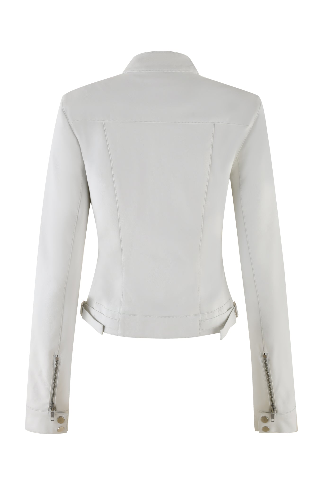 The image shows the back view of the EVERETTE JACKET - WHITE by I.AM.GIA, featuring a stylish collar, long sleeves with silver zippers on the cuffs, and adjustable waist straps. This faux leather jacket has a sleek and fitted design that emphasizes a modern and fashionable look.