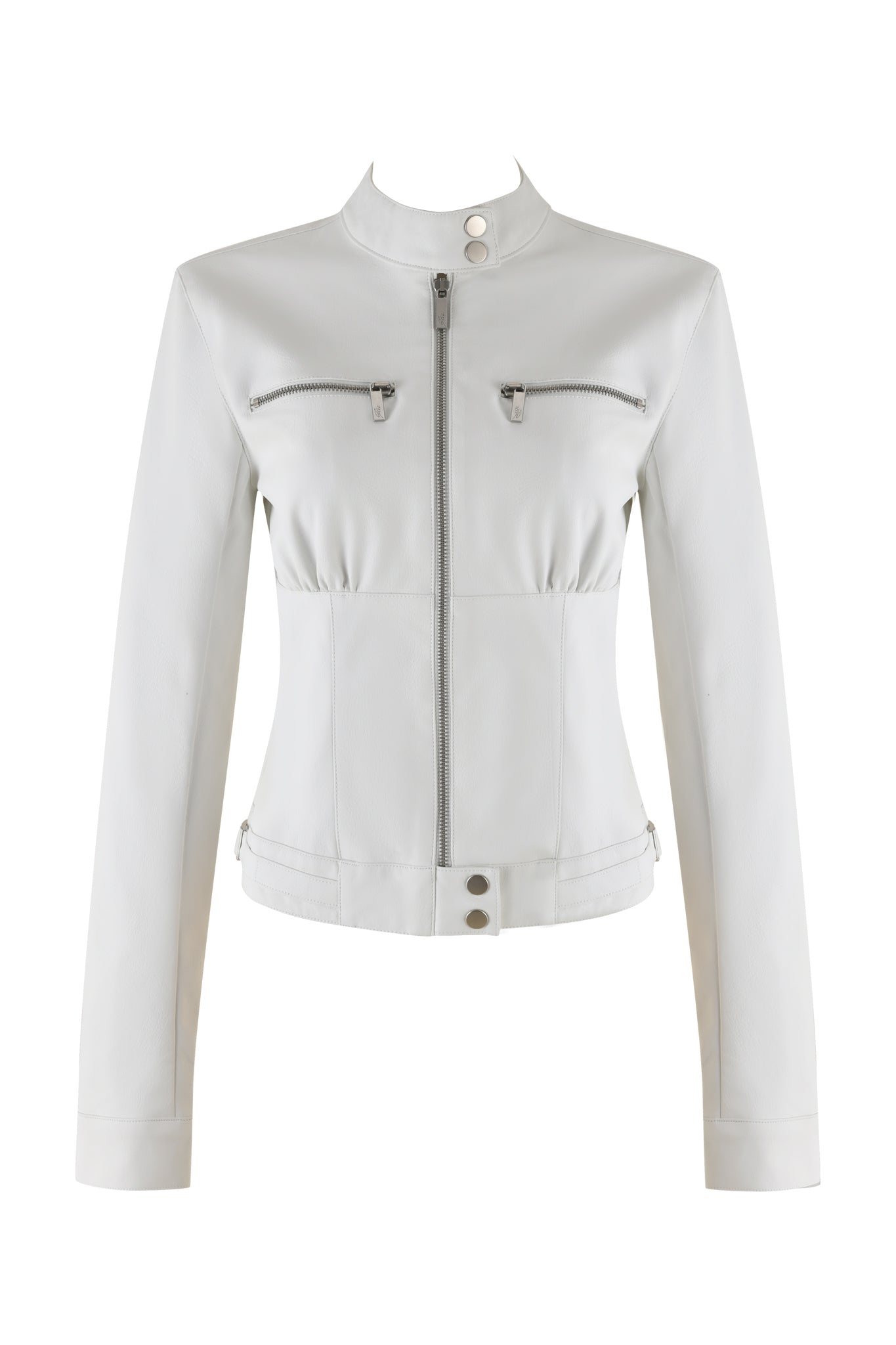 The EVERETTE JACKET - WHITE from I.AM.GIA is a fitted women's moto-style jacket featuring a standing collar, front zipper closure, two zipped chest pockets, and buttons at the collar and hem. This long-sleeved jacket boasts a sleek, minimalist design and is displayed on a white background.