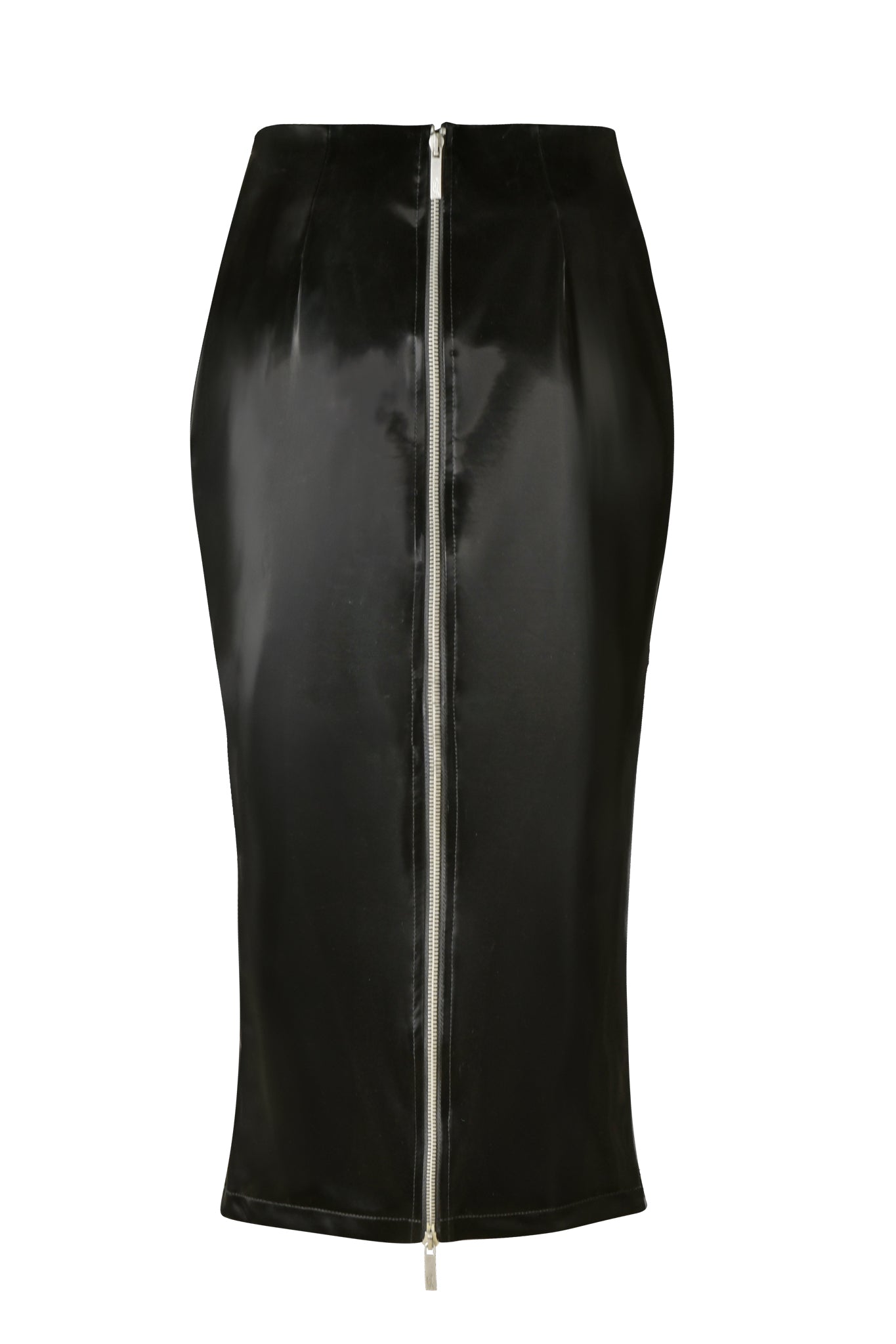 The CARMEN PENCIL SKIRT - BLACK by I.AM.GIA features a sleek, faux leather design with a full-length silver zipper down the center front. The mid-rise waist and bodycon silhouette provide a fitted look that extends to just below the knee, creating a sophisticated and edgy appearance.