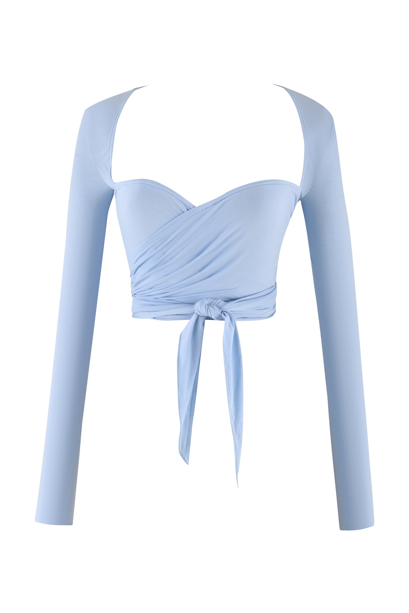 The AMRIA TOP - BLUE by I.AM.GIA, available in Powder Blue, features long sleeves, a sweetheart neckline, and a front tie detail at the waist for a charming bodycon fit.