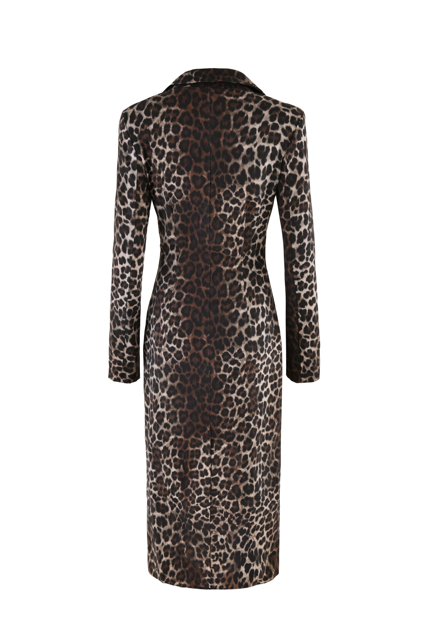 The I.AM.GIA UMA COAT - NEUTRAL: LEOPARD, a knee-length, long-sleeved dress with a tailored fit, is shown from the back. It features a classic collar and falls just below the knees. The leopard print pattern incorporates various shades of brown and black spots.