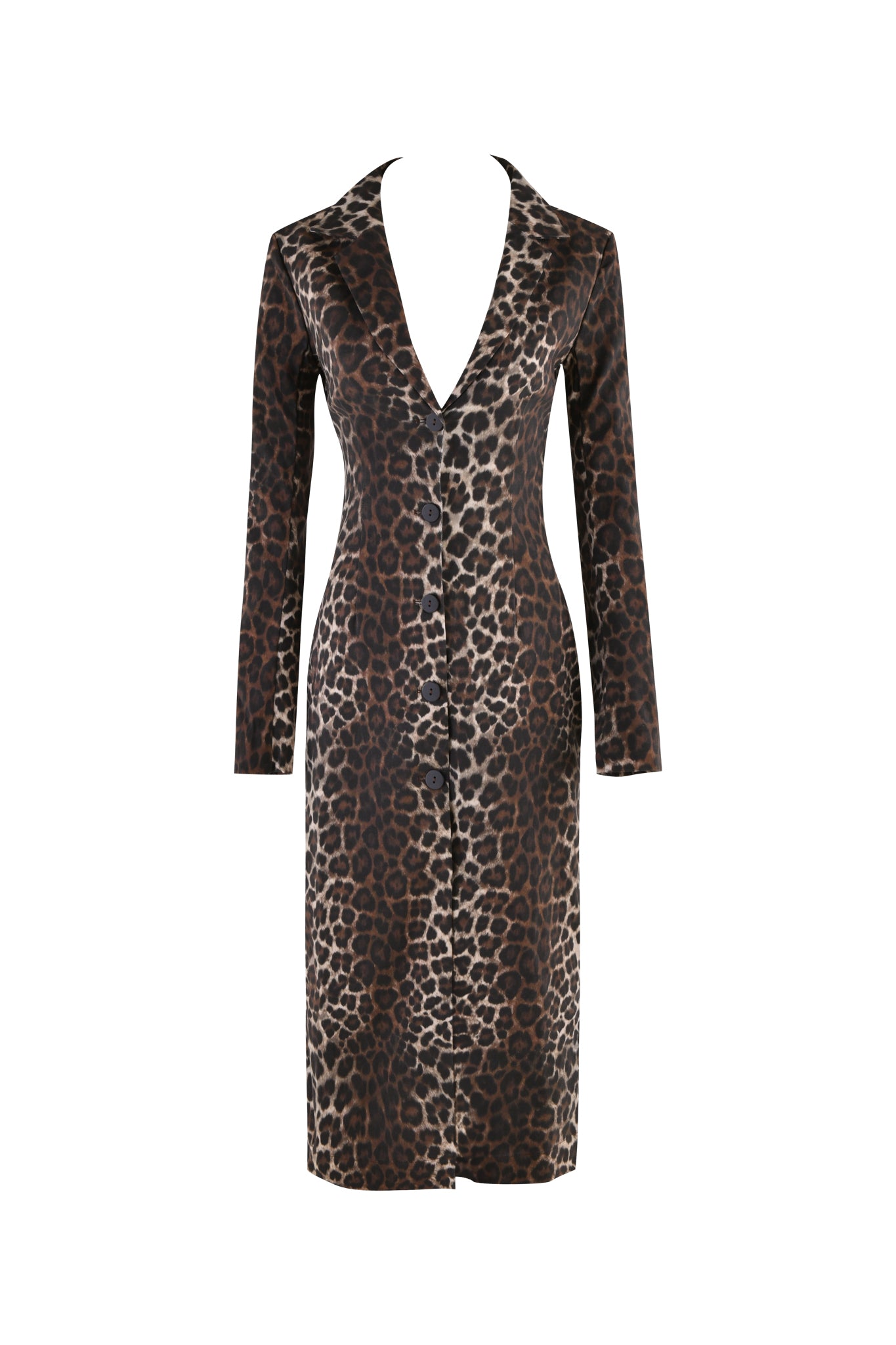 The UMA COAT - NEUTRAL : LEOPARD by I.AM.GIA is a long-sleeved, custom leopard print coat dress featuring a plunging V-neckline and tailored fit. This eye-catching midi-length jacket has a button-down closure running down the front and hits below the knee. The fabric boasts a glossy finish with varying-sized leopard spots for an attention-grabbing look.