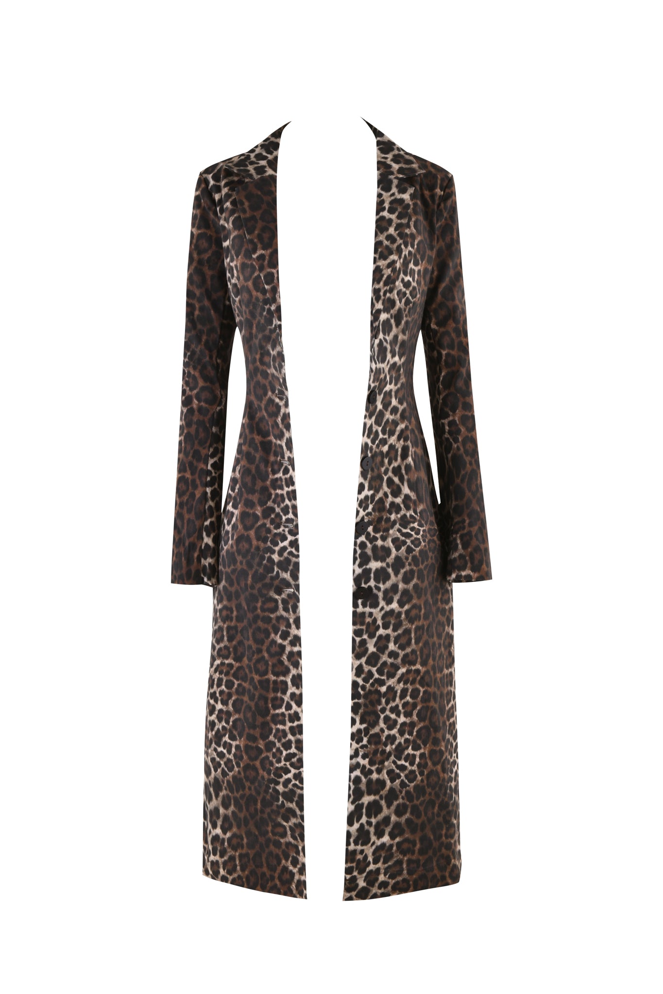 The UMA COAT - NEUTRAL : LEOPARD by I.AM.GIA is a long-sleeved, open-front coat with a custom leopard print design. This coat features a mix of dark brown and black spots on a lighter brown background. It hangs loosely and lacks visible buttons or closures, creating an effortlessly chic look with its midi-length style.