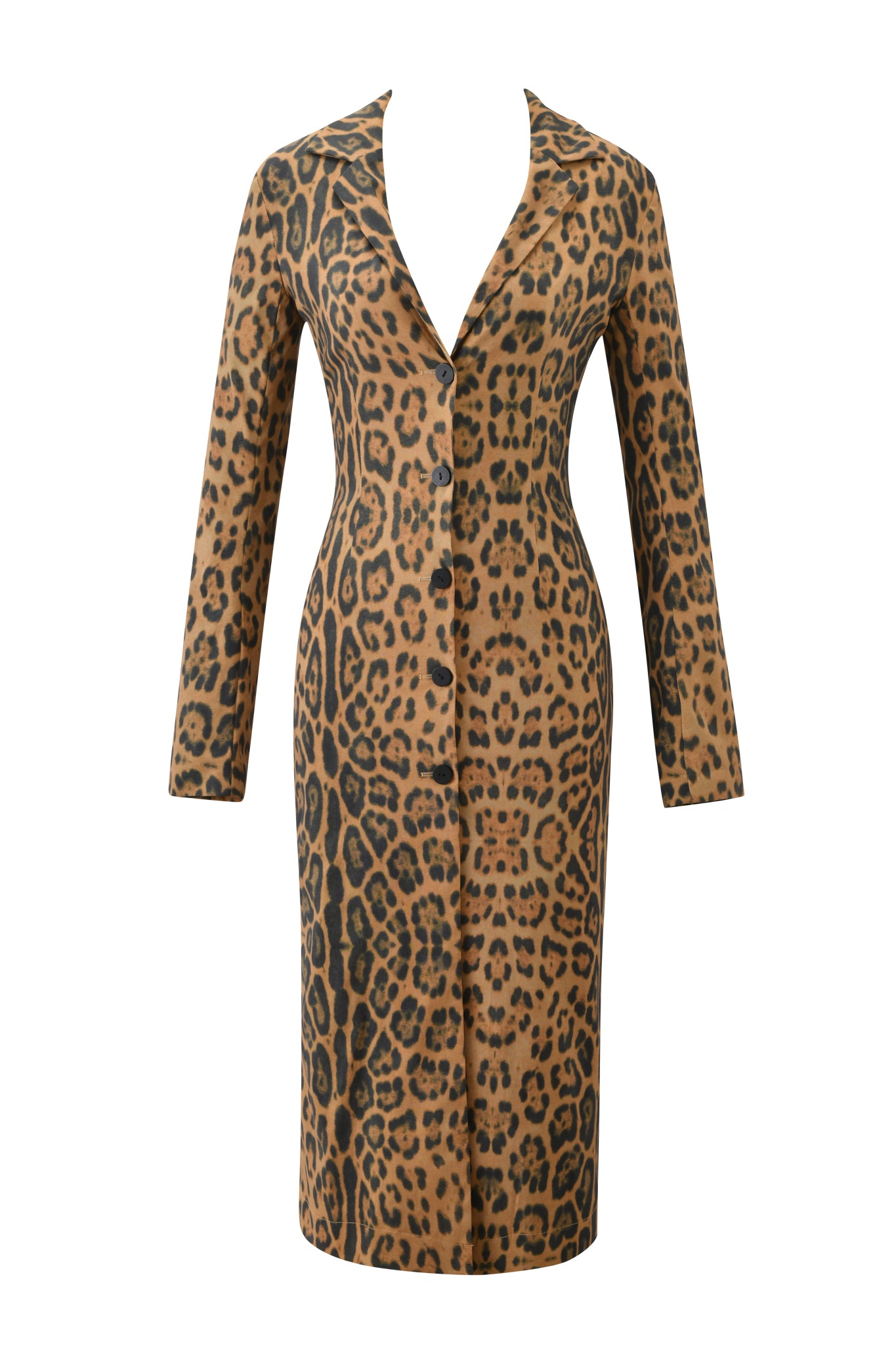 The UMA COAT - PANTHERA by I.AM.GIA features a long-sleeved, knee-length design with a deep V-neck and bold brown and black leopard print, shown against a white background.