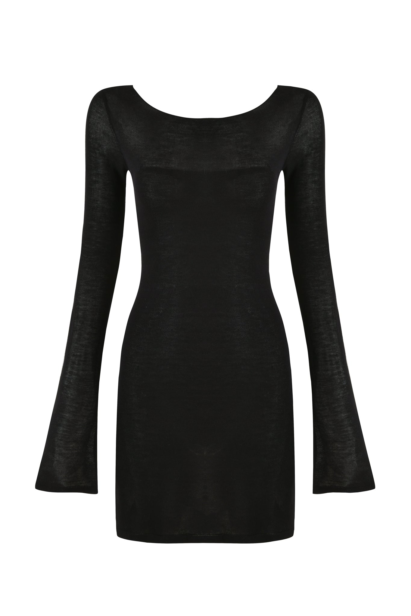 The VIOLET KNIT DRESS - BLACK by I.AM.GIA is a black, long-sleeved bodycon dress with a wide, rounded neckline. This true knit fabrication features a sheer, lightweight fabric and flared sleeves, designed to fit closely and accentuate the figure.