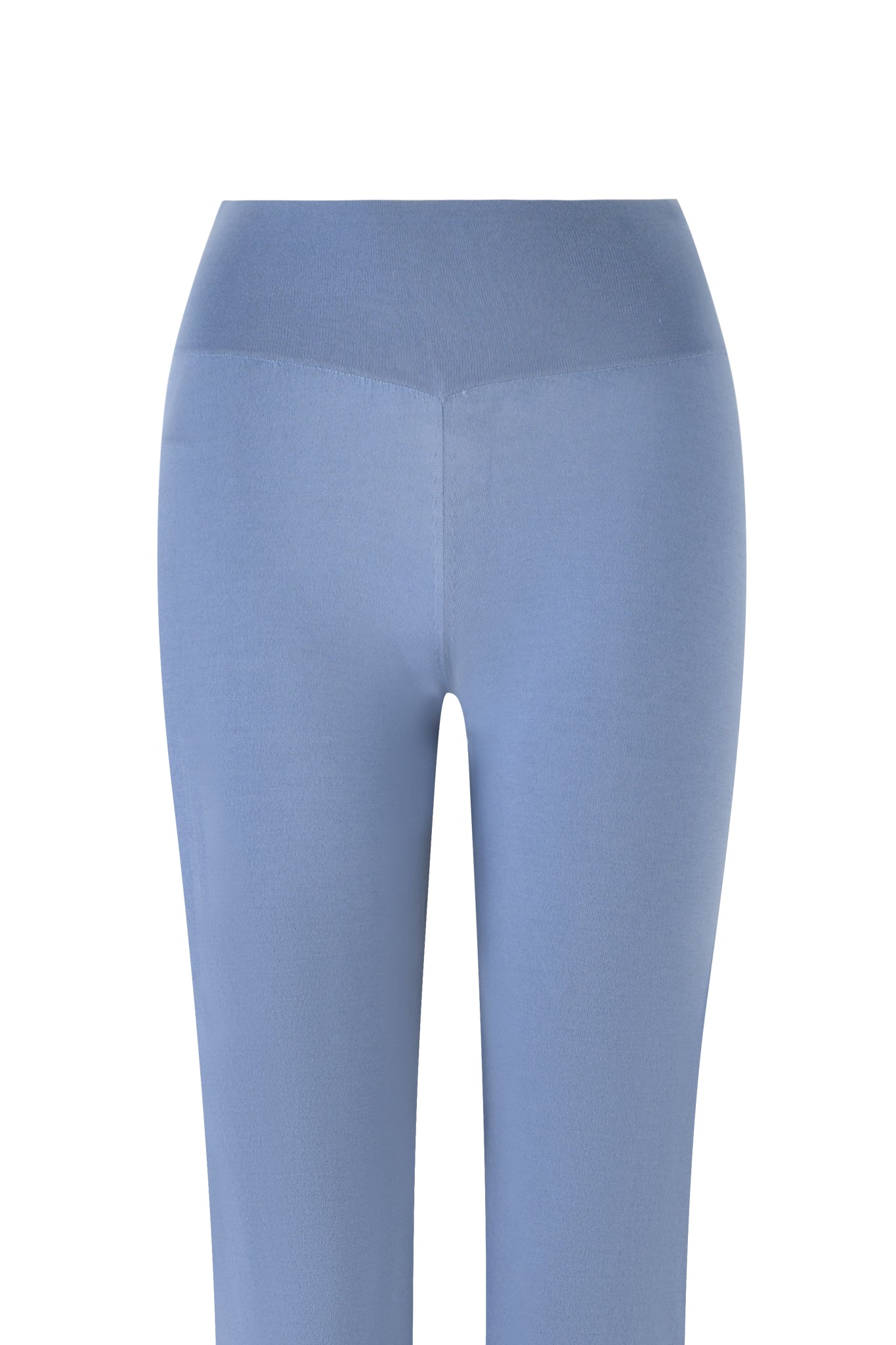 A close-up view of the waist and upper part of the AUDRINA PANT - BLUE in steel blue by I.AM.GIA against a white background.