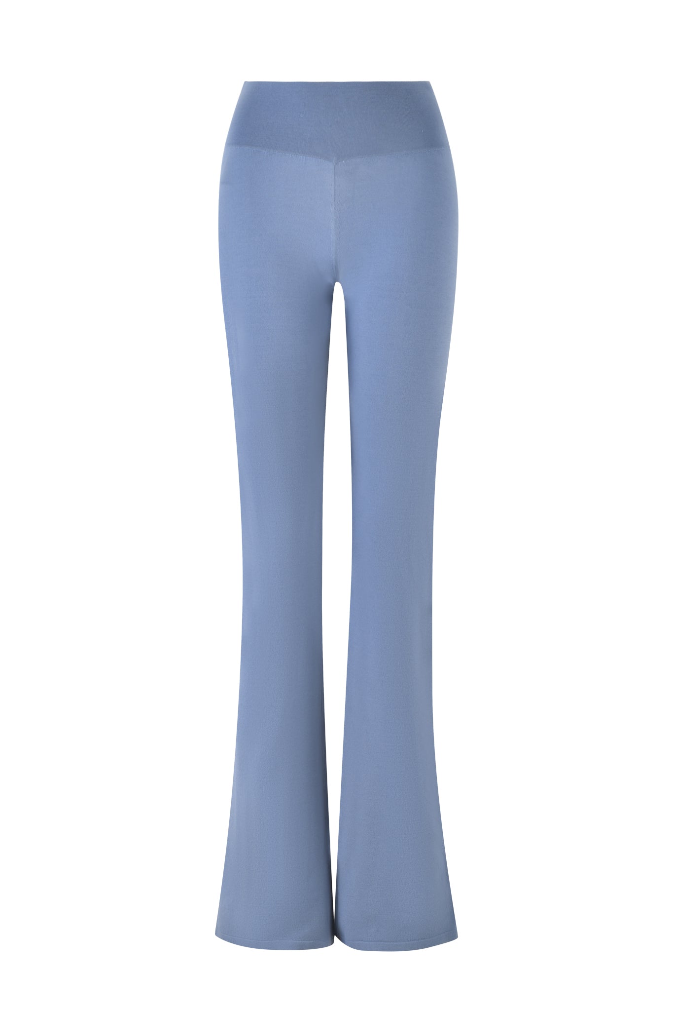 The AUDRINA PANT in steel blue by I.AM.GIA is showcased on a white background, highlighting its high-waisted flared design and smooth texture.